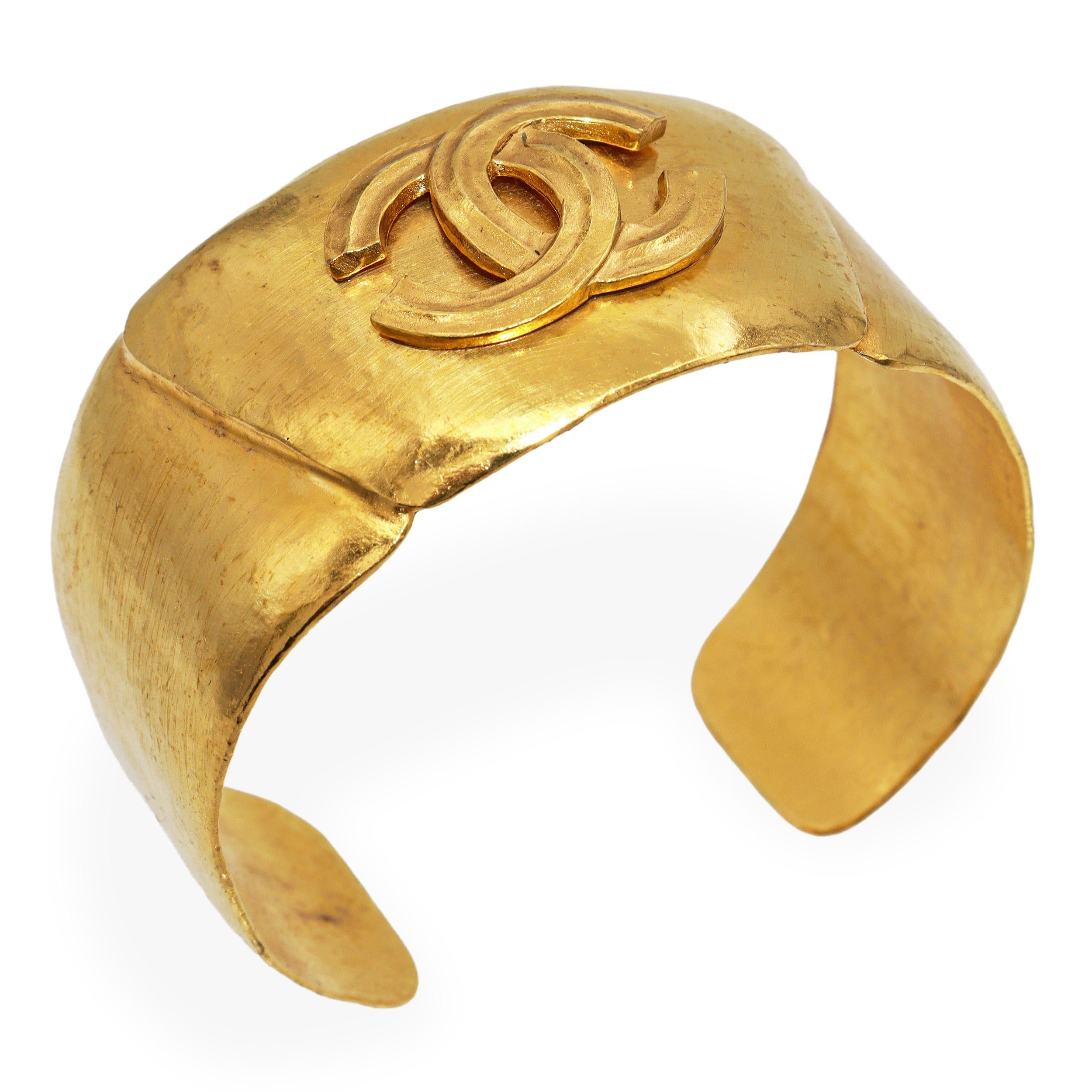 Vintage Chanel Gold-Finish Wide CC Logo Statement Cuff Bracelet