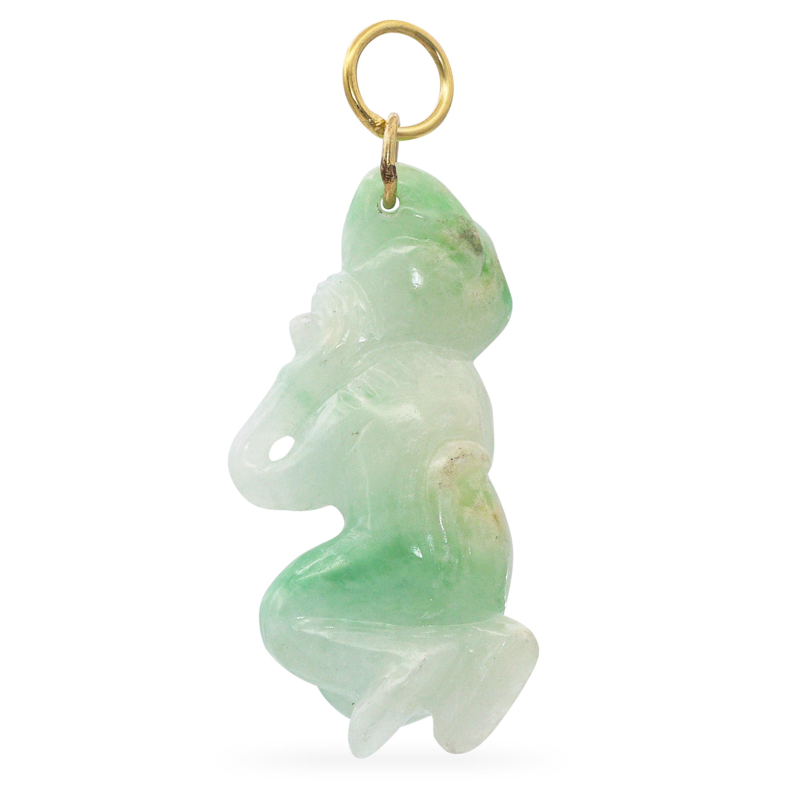 Vintage 14k Yellow Gold Hand Carved Jade Monkey Pendant