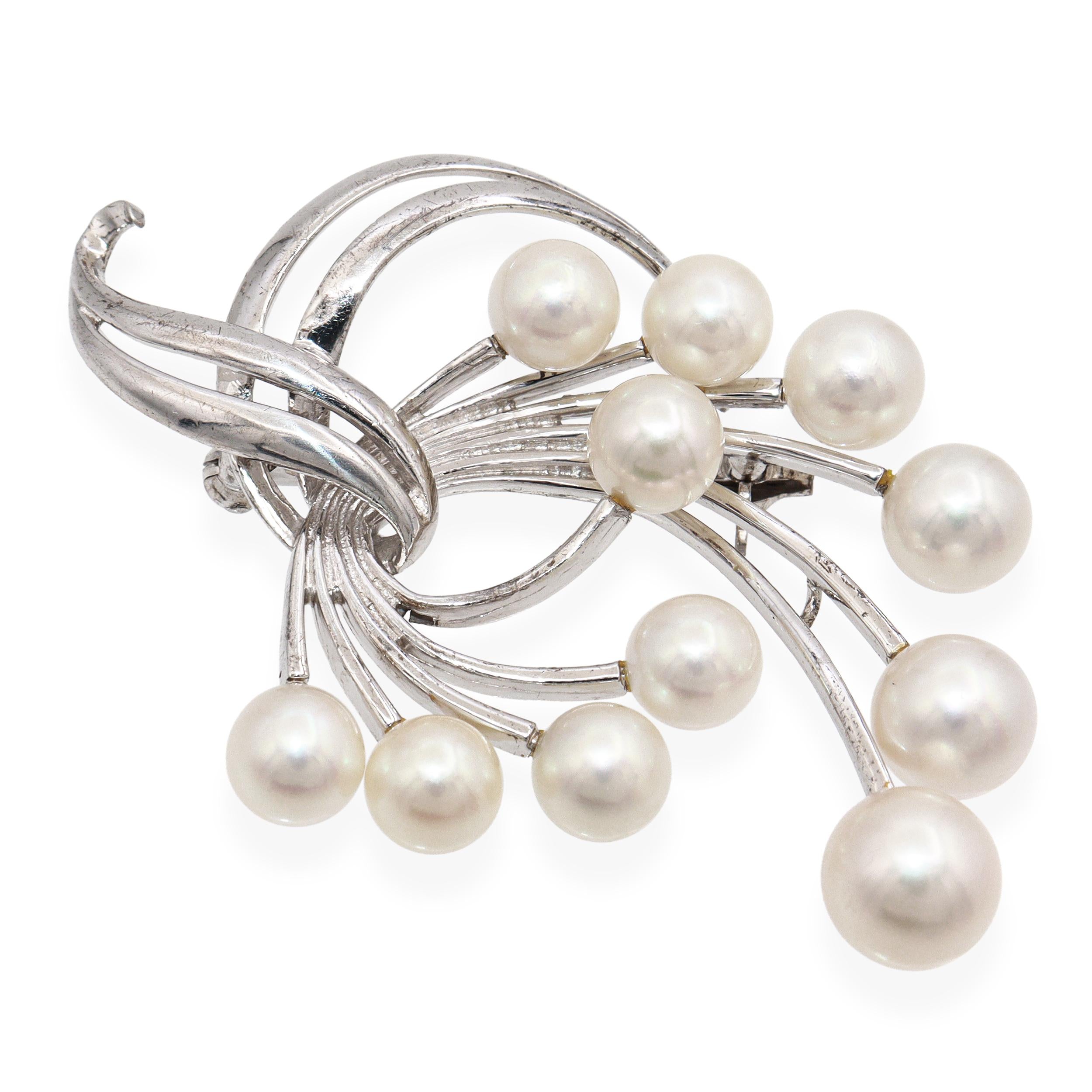 Vintage Mikimoto Silver Akoya Pearl Floral Spray Design Brooch Pin