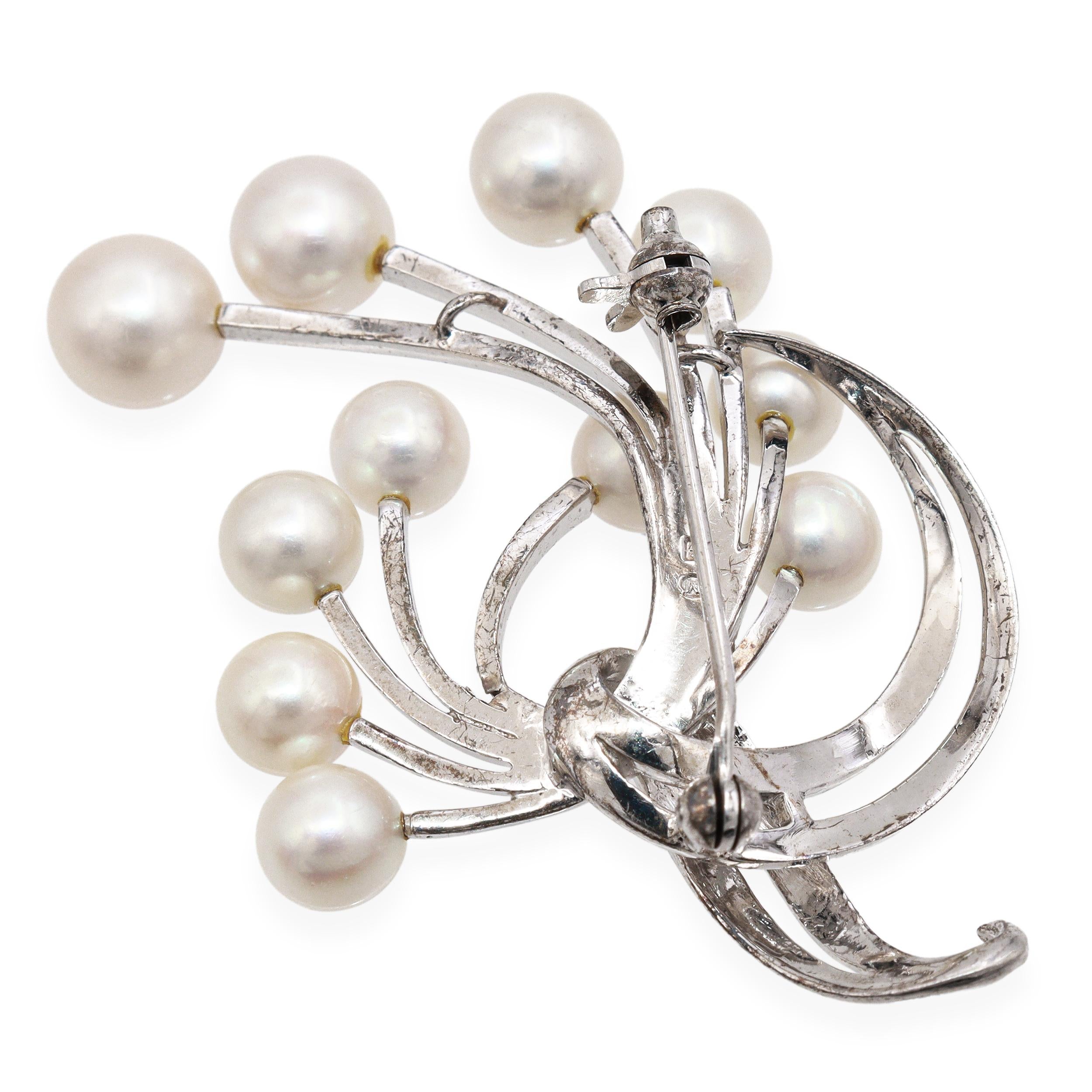 Vintage Mikimoto Silver Akoya Pearl Floral Spray Design Brooch Pin