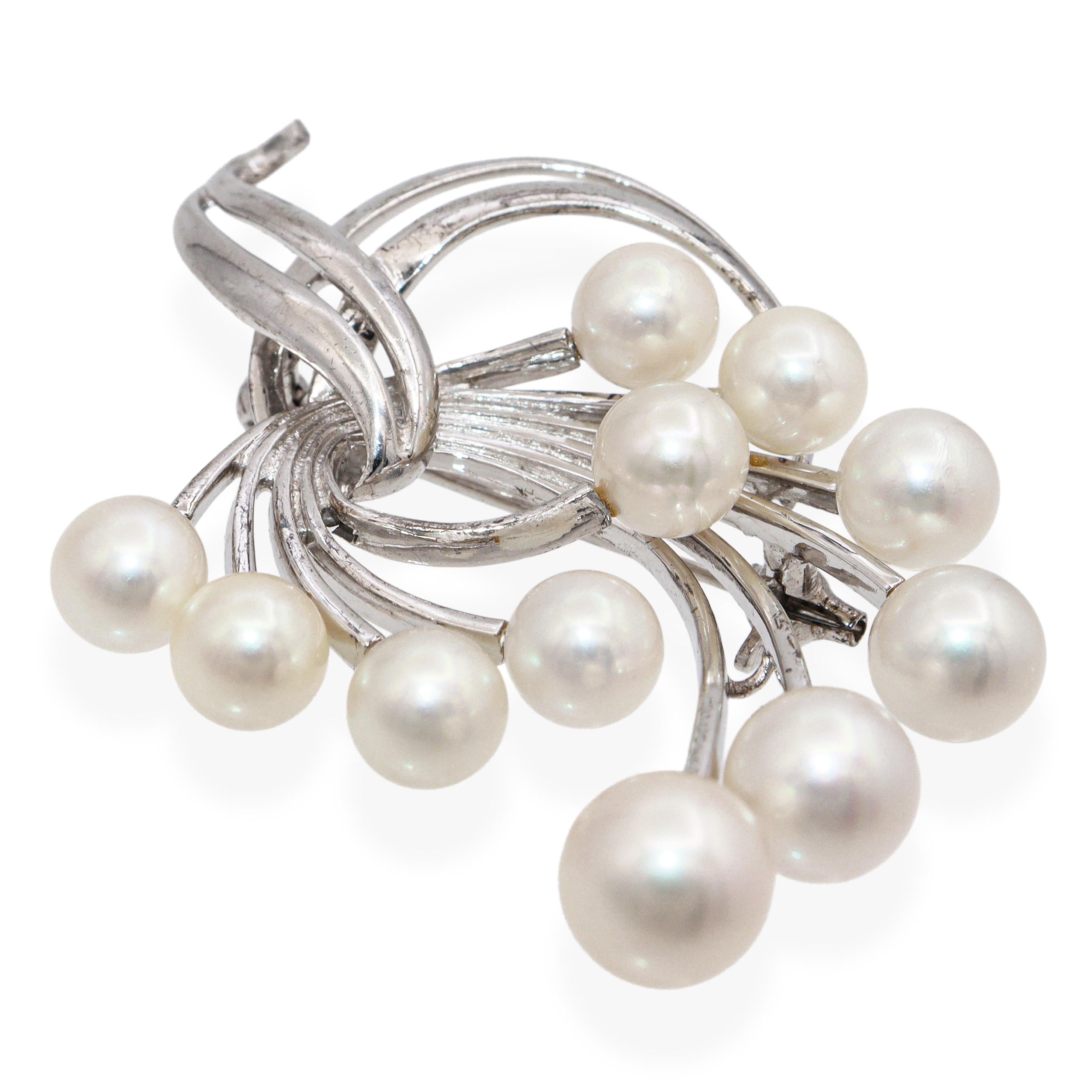 Vintage Mikimoto Silver Akoya Pearl Floral Spray Design Brooch Pin