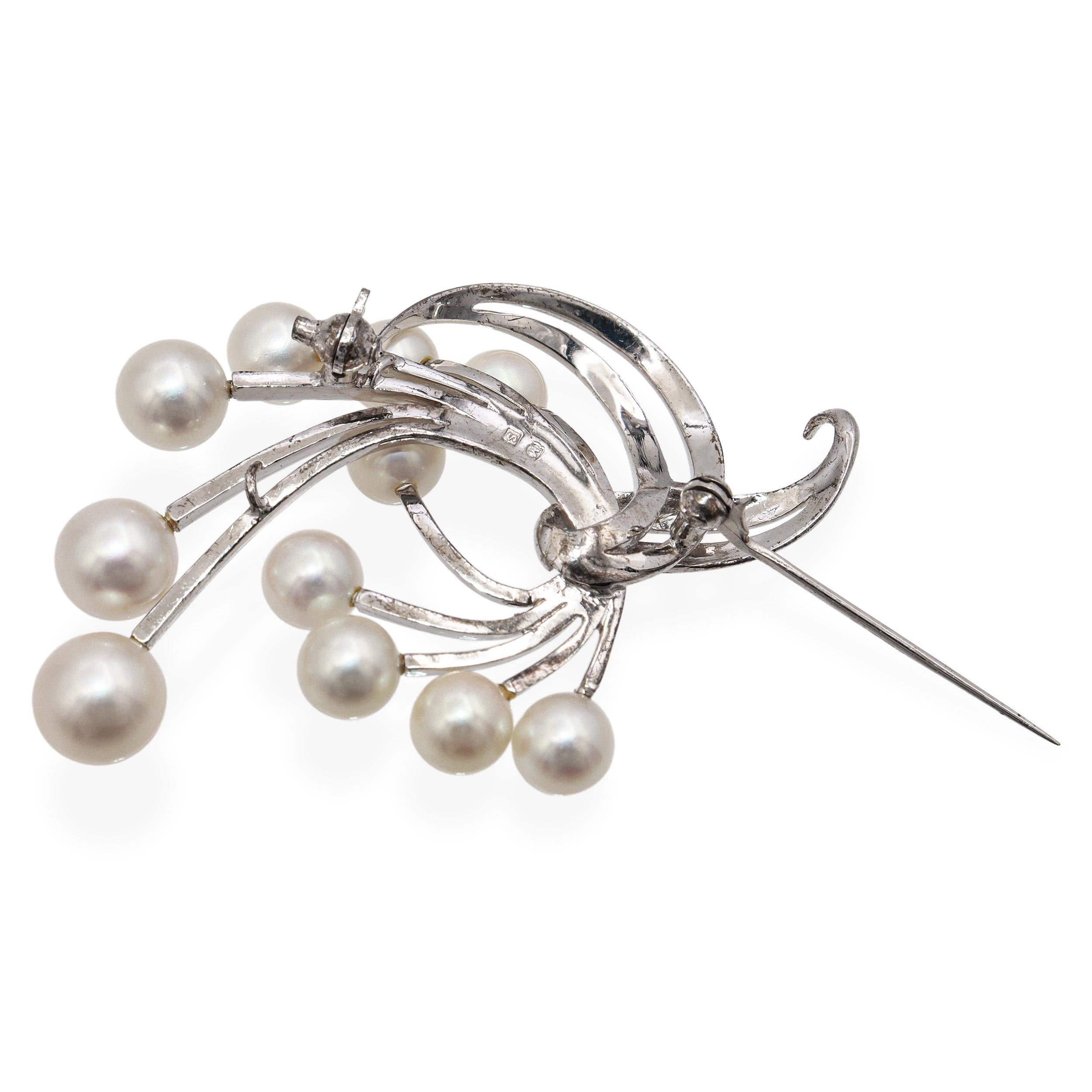 Vintage Mikimoto Silver Akoya Pearl Floral Spray Design Brooch Pin
