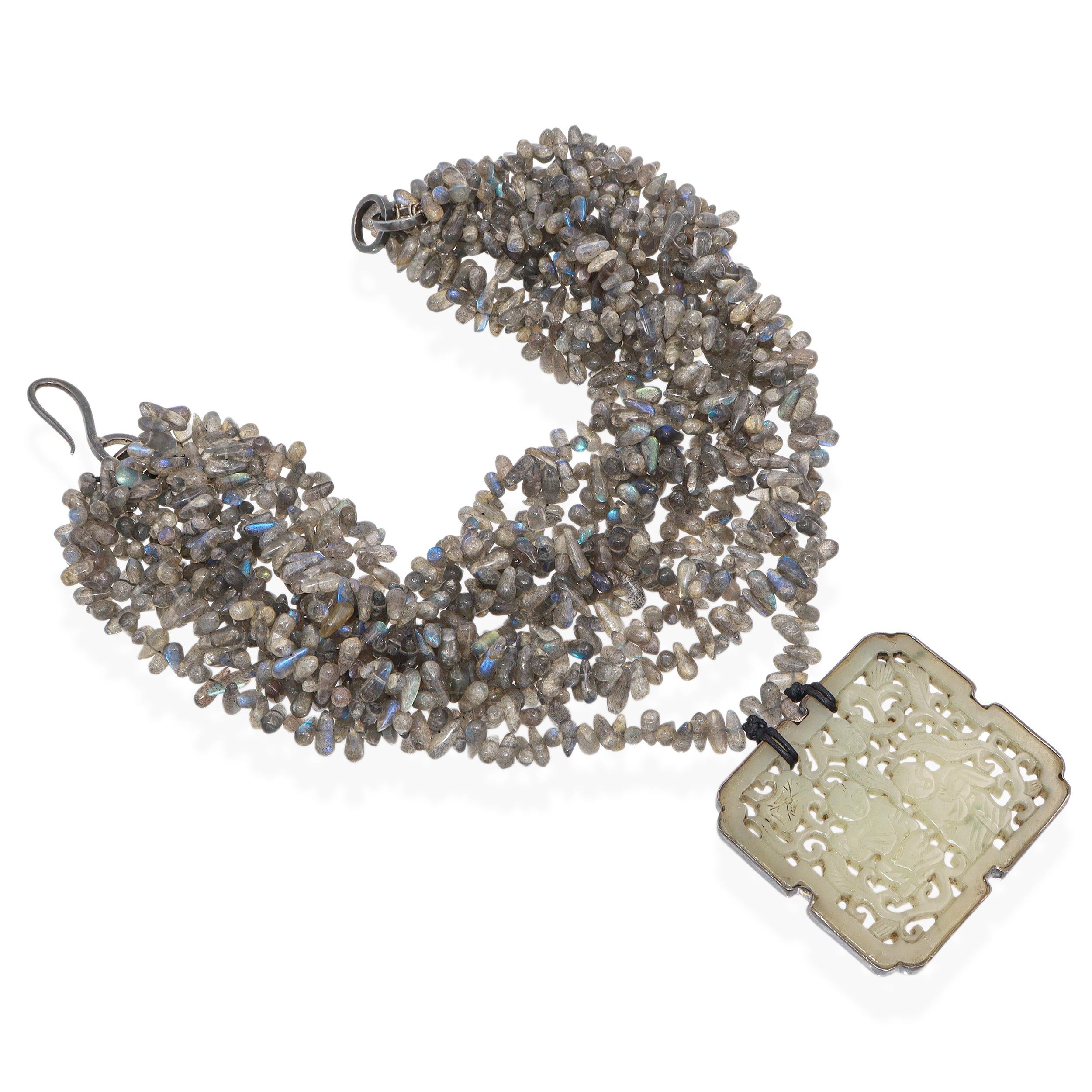 Takashi Maya NY Sterling Silver Labradorite Carved Jade Multi-Strand Necklace