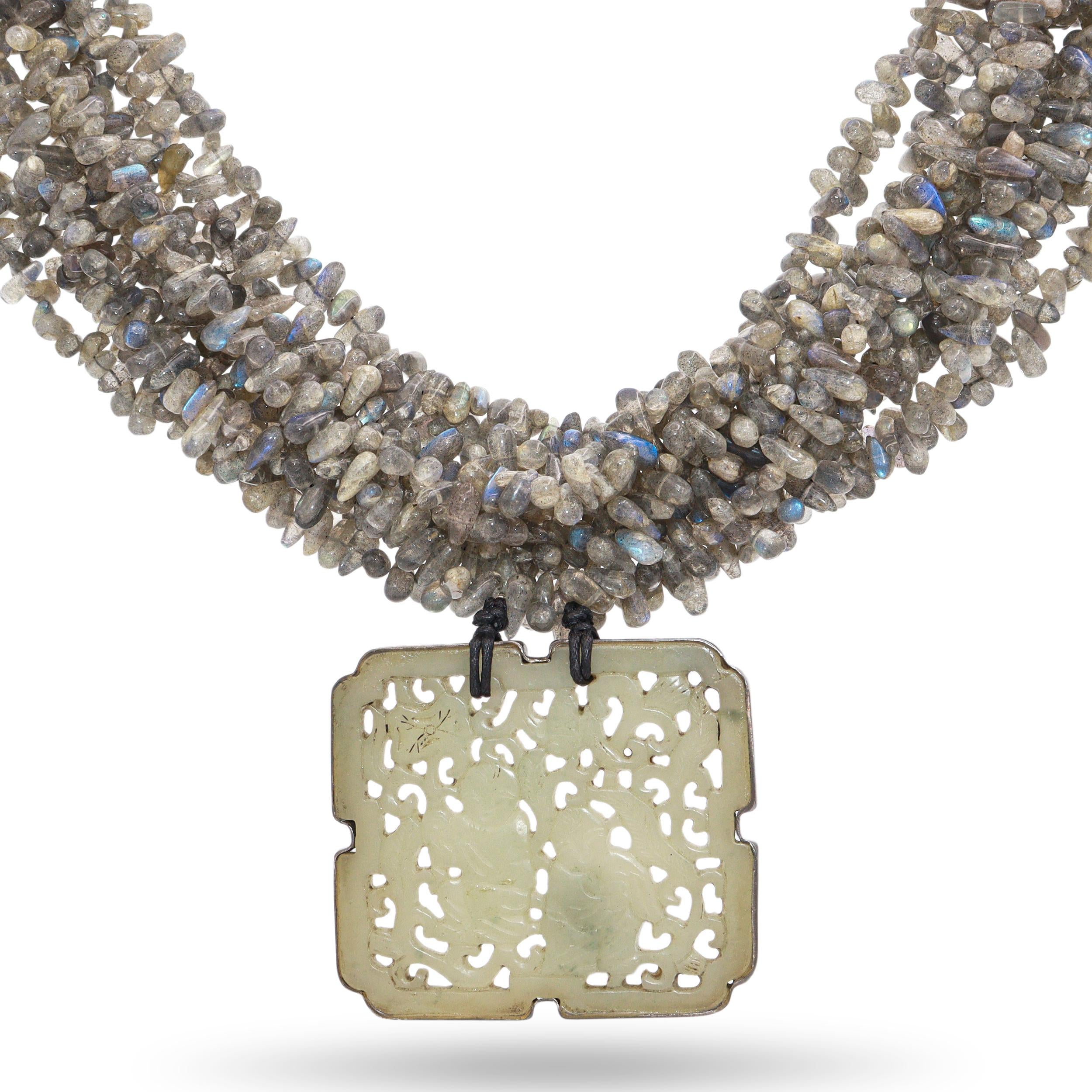 Takashi Maya NY Sterling Silver Labradorite Carved Jade Multi-Strand Necklace