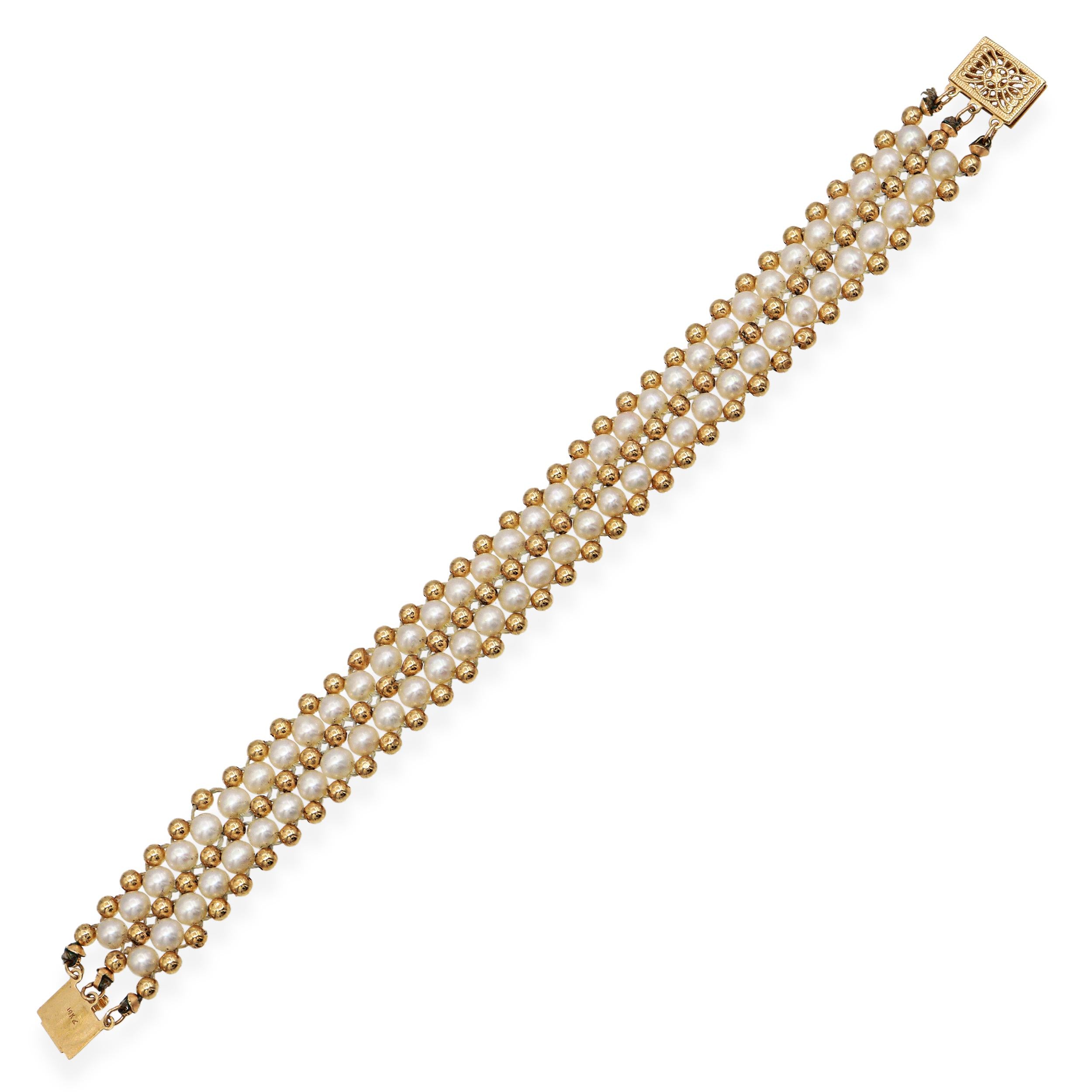 Vintage 14k Yellow Gold Pearl Triple Beaded Strand Bracelet