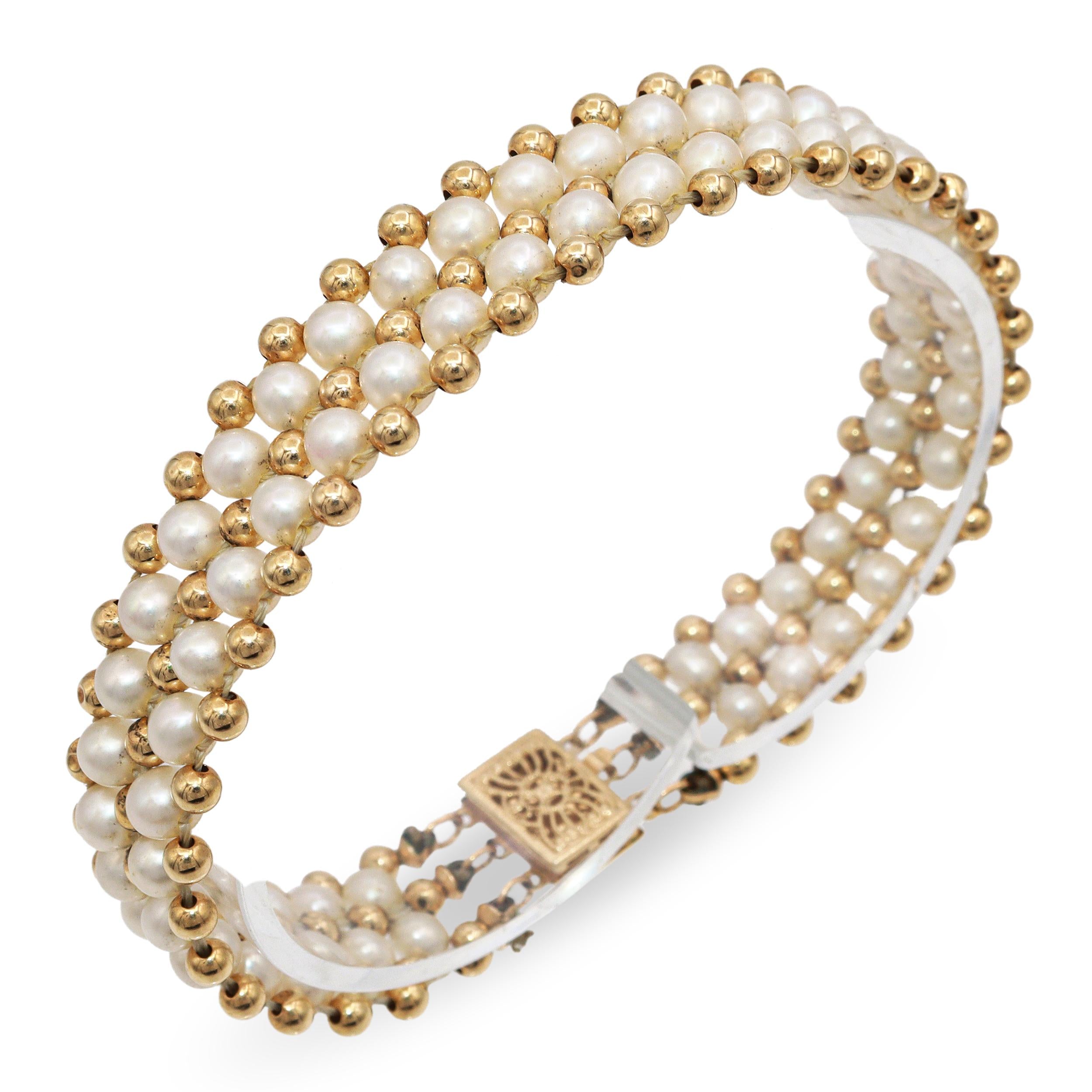 Vintage 14k Yellow Gold Pearl Triple Beaded Strand Bracelet
