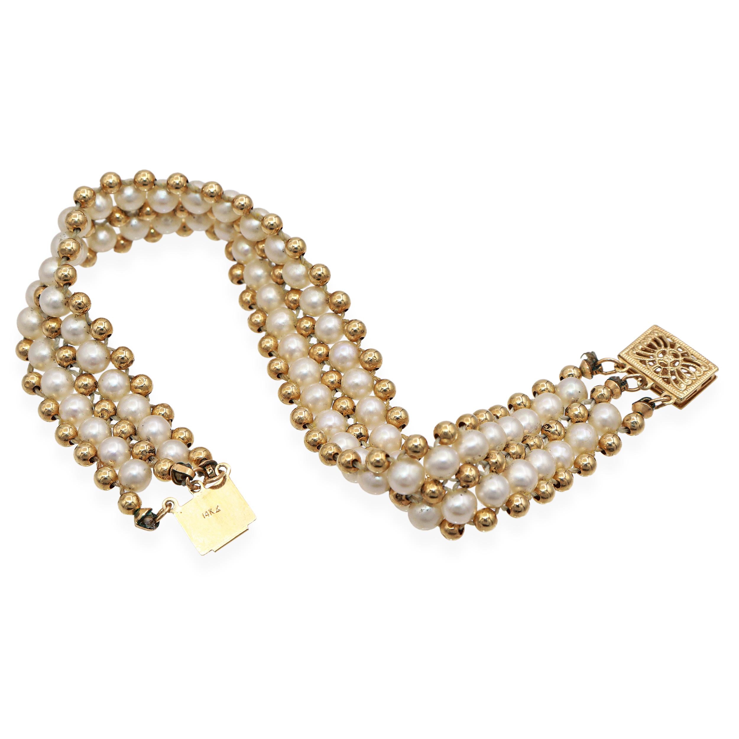 Vintage 14k Yellow Gold Pearl Triple Beaded Strand Bracelet