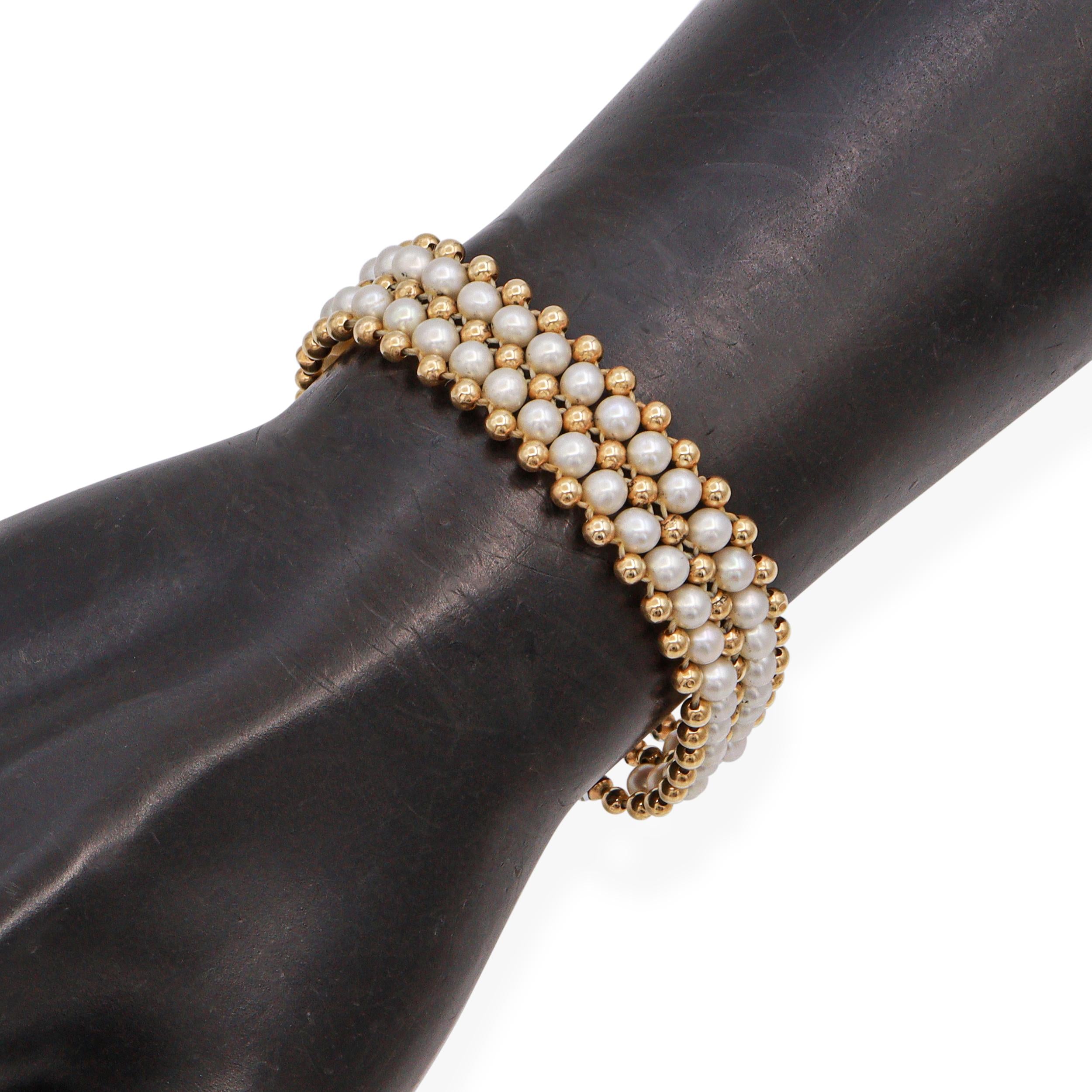 Vintage 14k Yellow Gold Pearl Triple Beaded Strand Bracelet