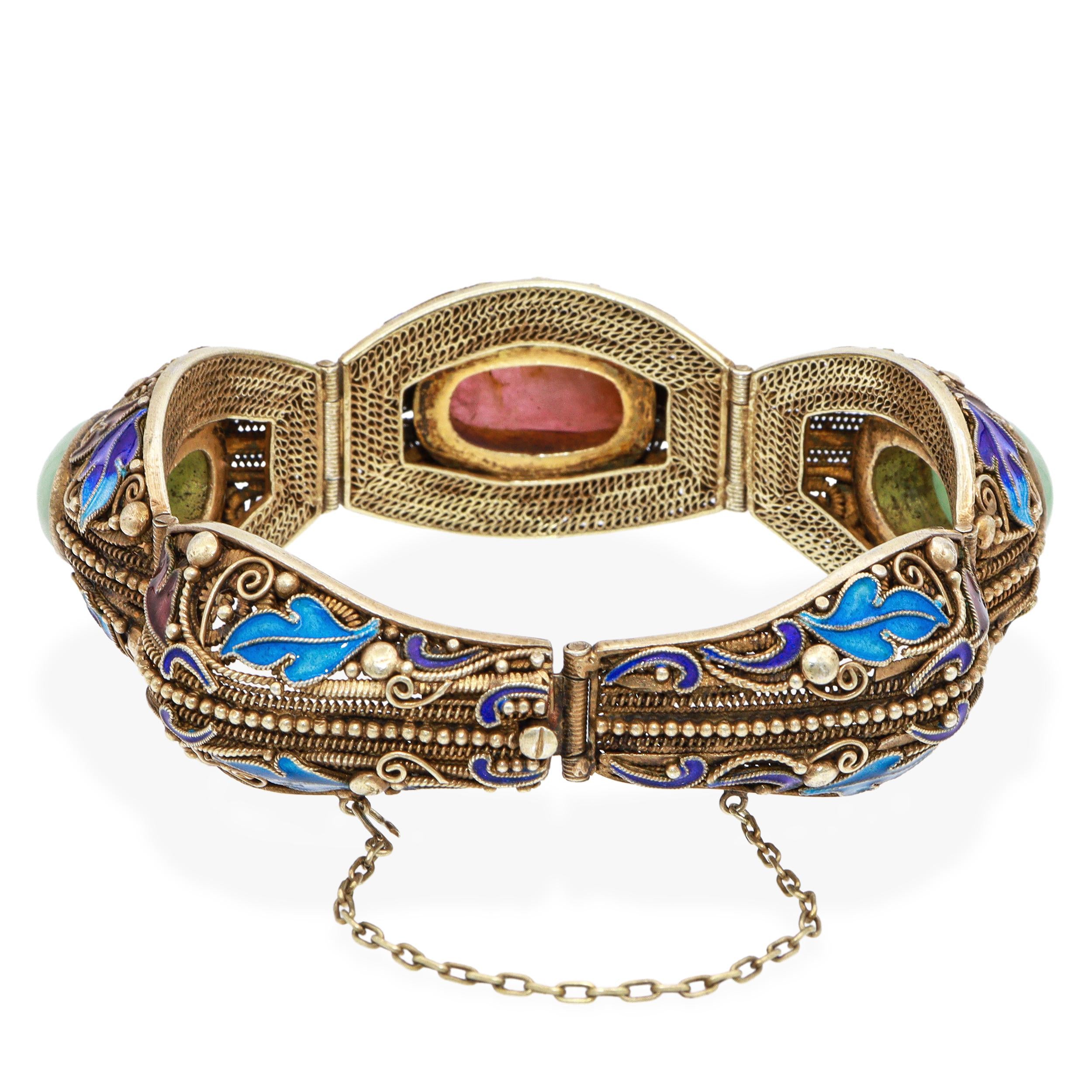 Antique Chinese Export Silver Gilt Enamel Jade Tourmaline Filigree Bracelet
