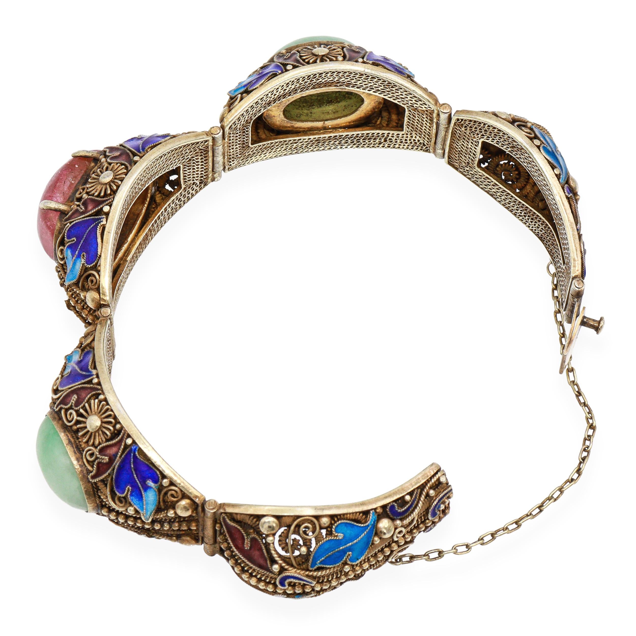 Antique Chinese Export Silver Gilt Enamel Jade Tourmaline Filigree Bracelet