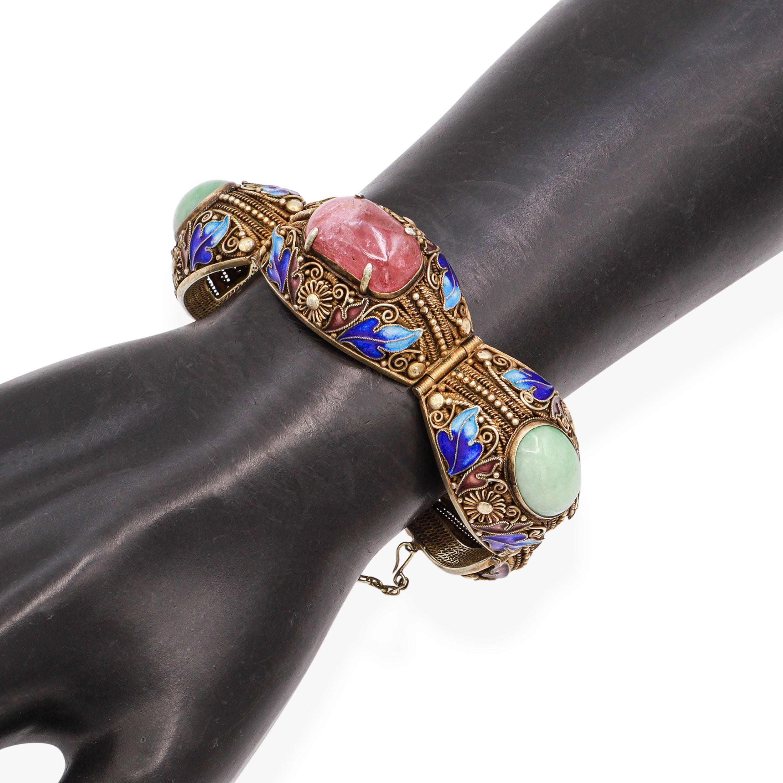 Antique Chinese Export Silver Gilt Enamel Jade Tourmaline Filigree Bracelet