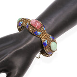 Antique Chinese Export Silver Gilt Enamel Jade Tourmaline Filigree Bracelet