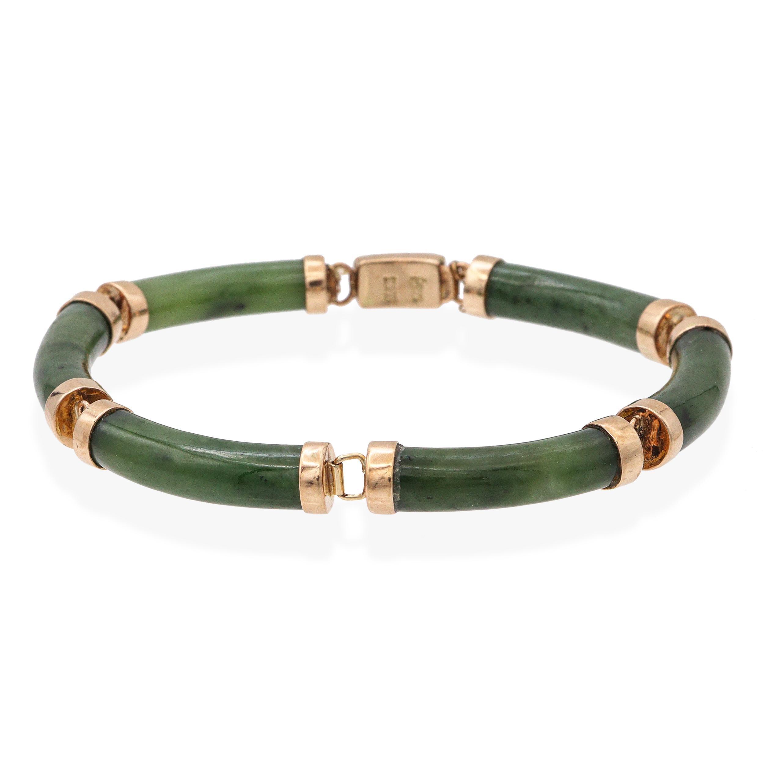 Vintage 14k Yellow Gold Nephrite Jade Link Bracelet