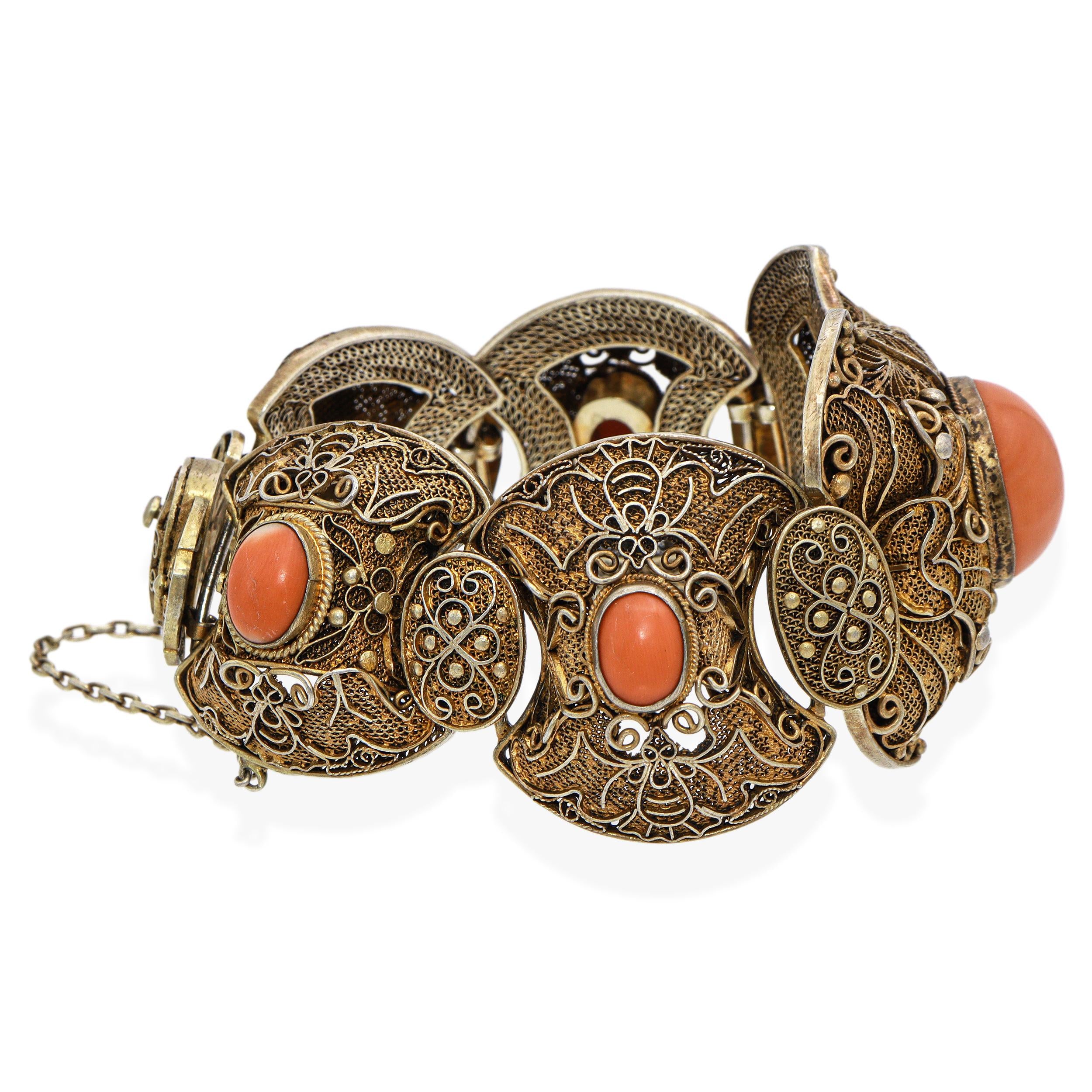 Antique Chinese Export Silver Coral Filigree Bracelet