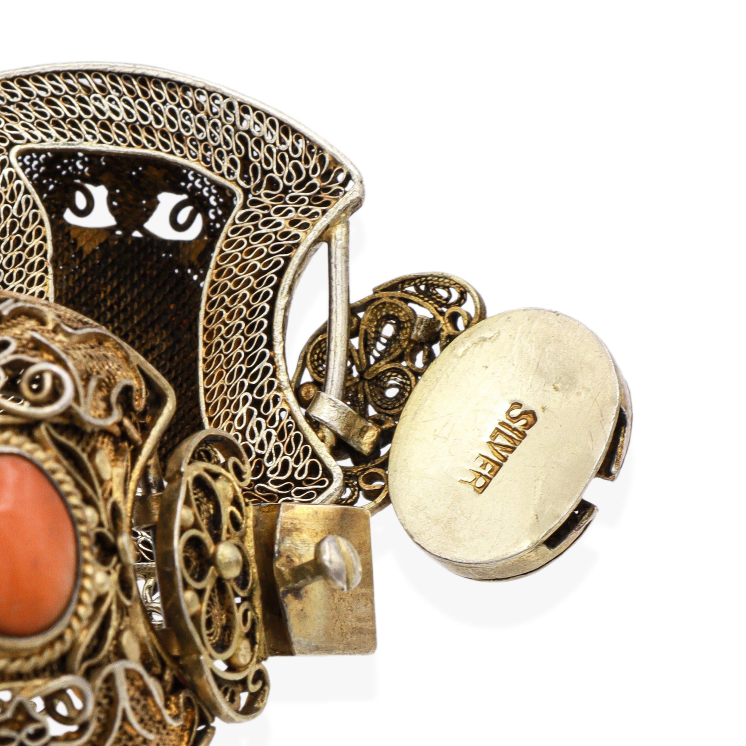 Antique Chinese Export Silver Coral Filigree Bracelet