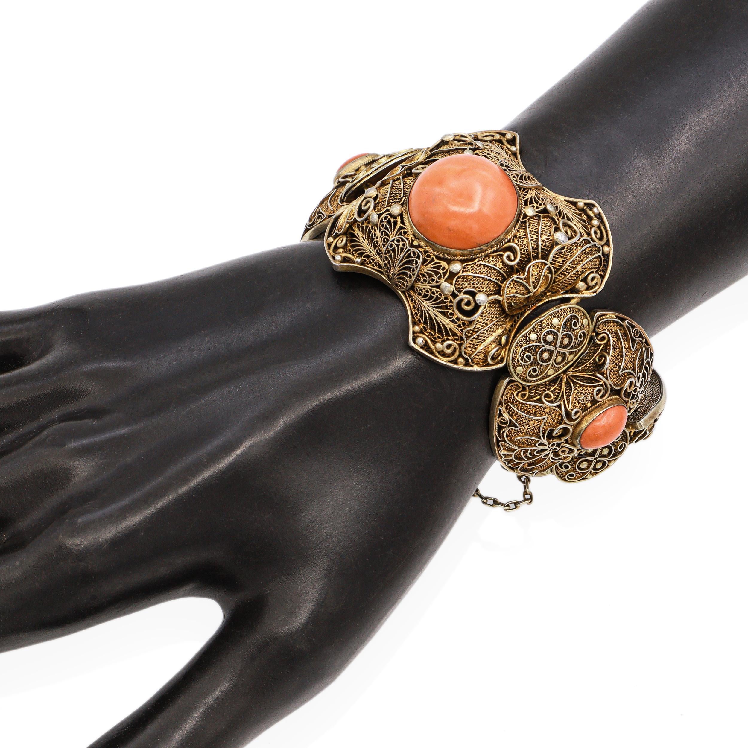 Antique Chinese Export Silver Coral Filigree Bracelet