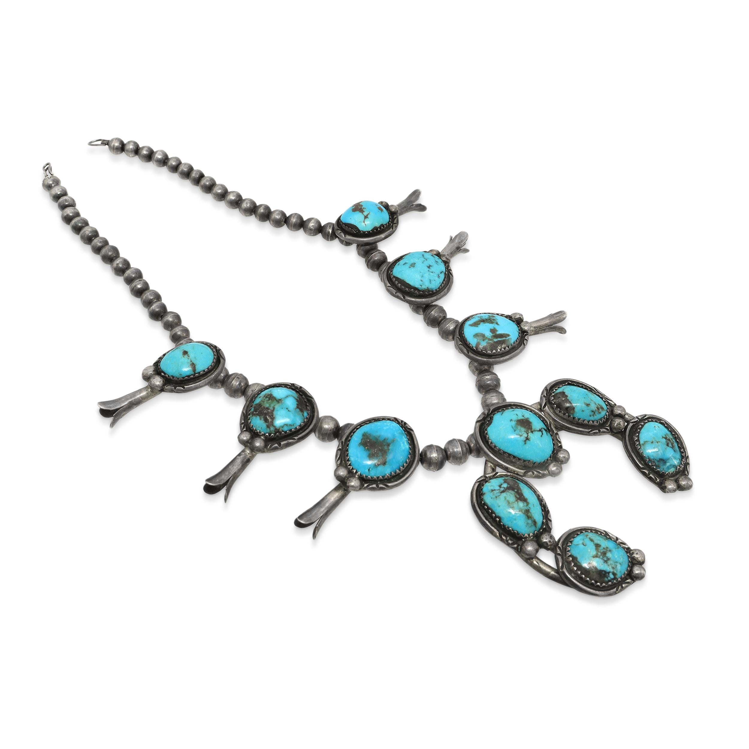 Vintage Southwestern Sterling Silver Turquoise Squash Blossom Necklace