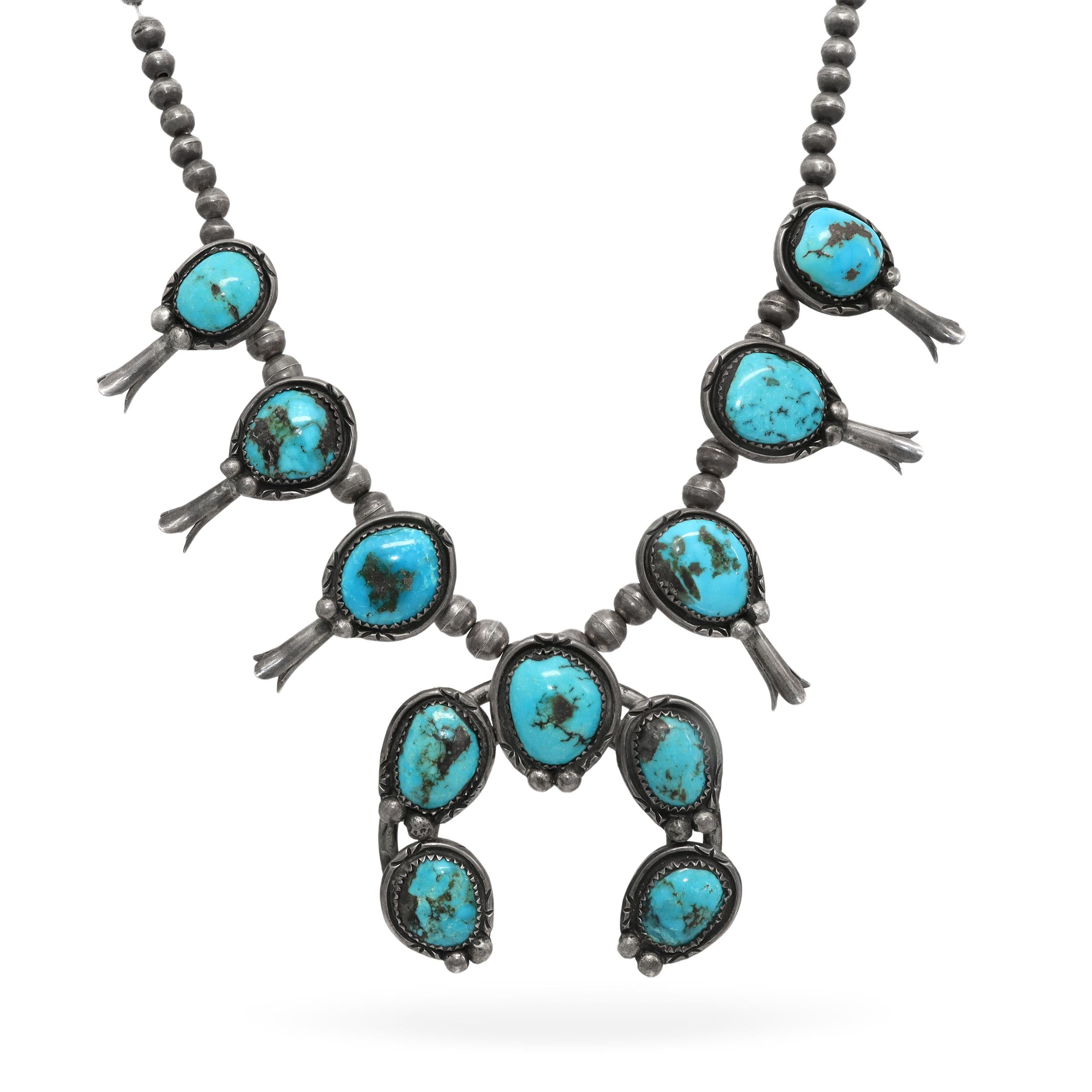 Vintage Southwestern Sterling Silver Turquoise Squash Blossom Necklace