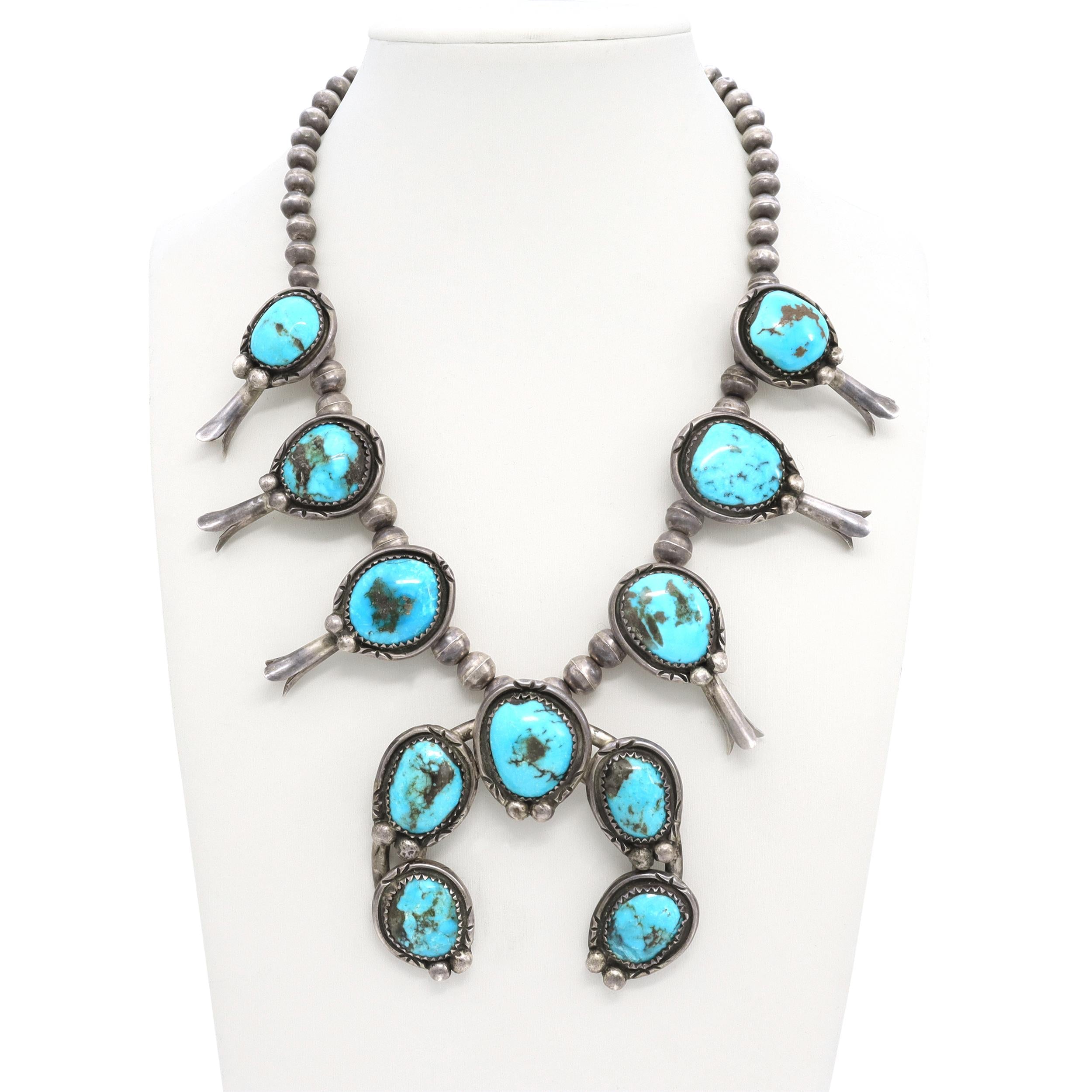 Vintage Southwestern Sterling Silver Turquoise Squash Blossom Necklace