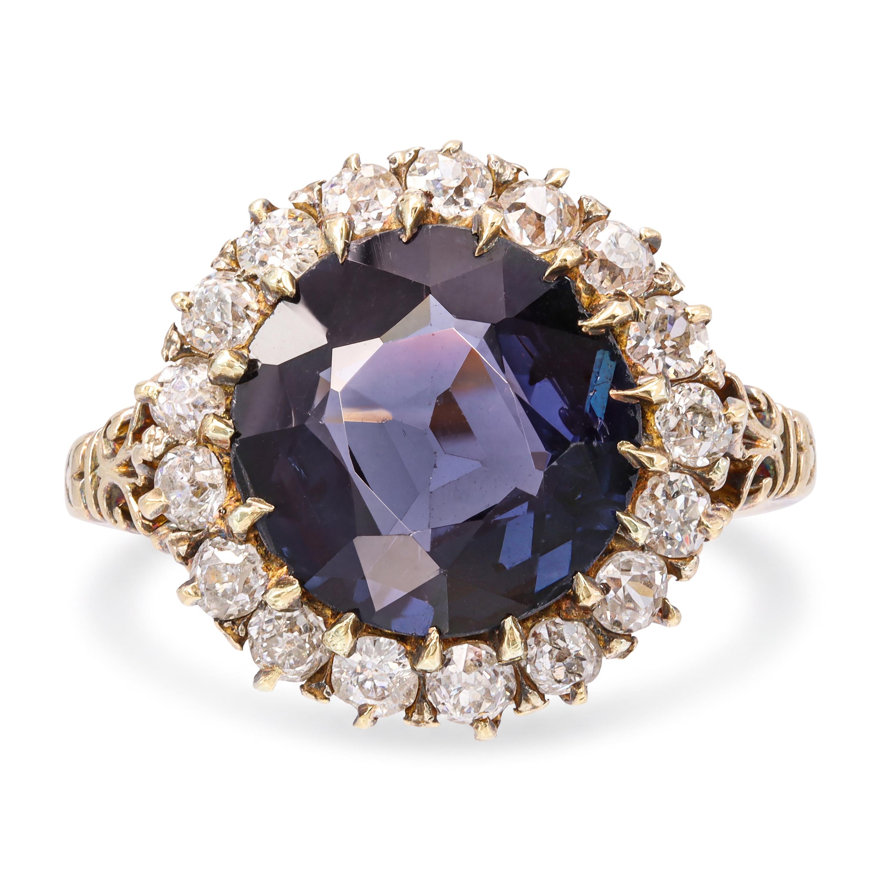 Antique Victorian 13k Yellow Gold 3.55ct Blue Spinel & Old Cut Diamond Ring