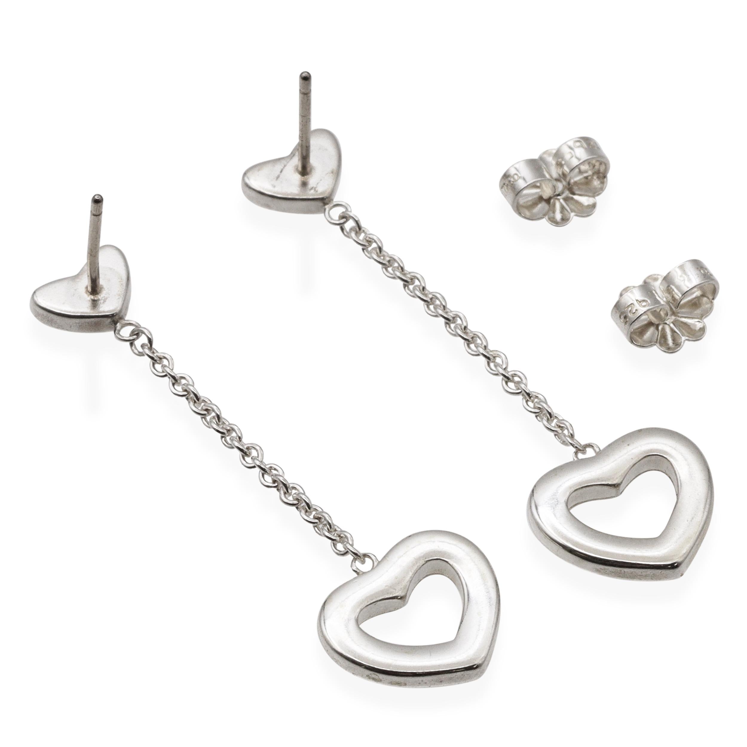 Tiffany & Co Sterling Silver Heart Drop Lariat Dangle Earrings