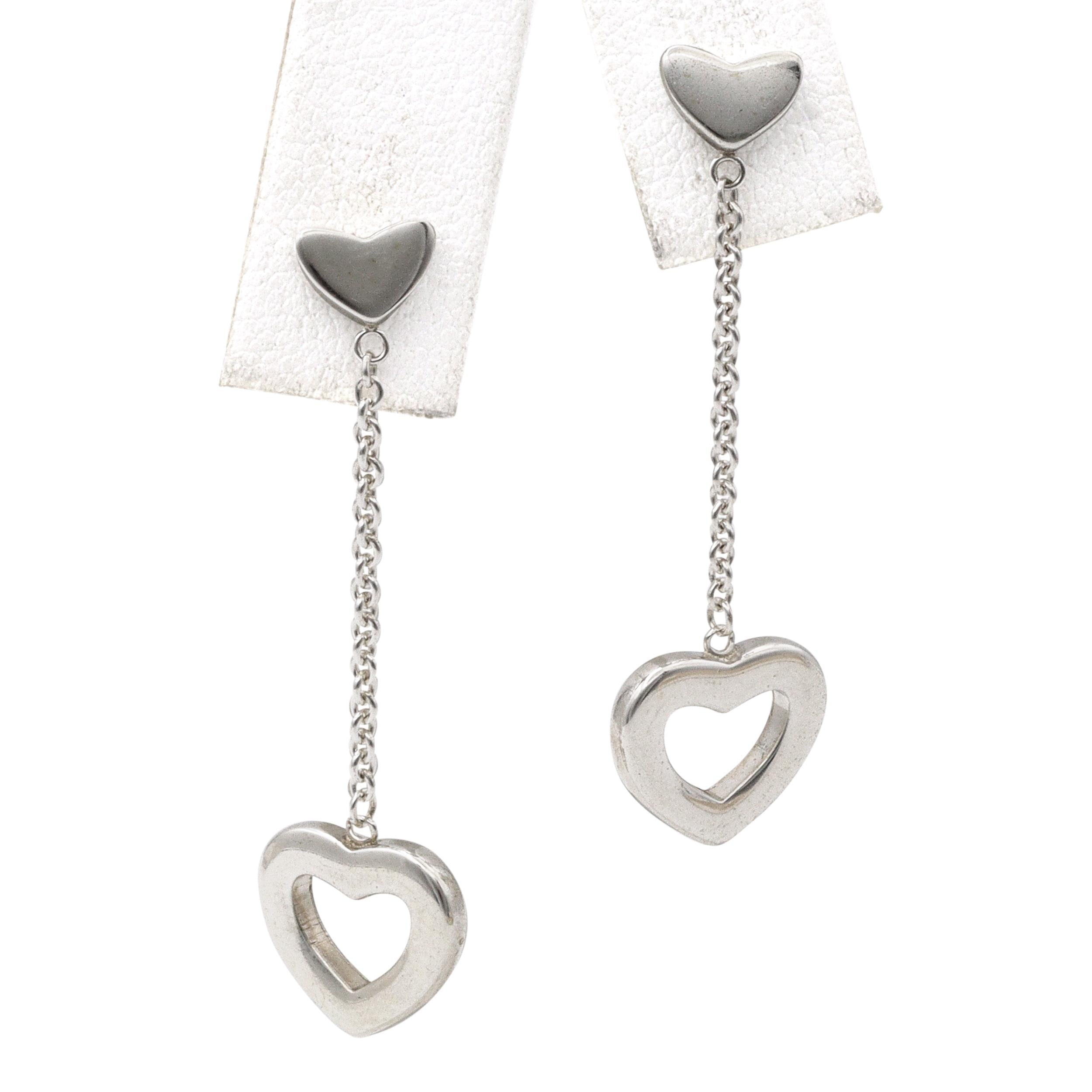 Tiffany & Co Sterling Silver Heart Drop Lariat Dangle Earrings