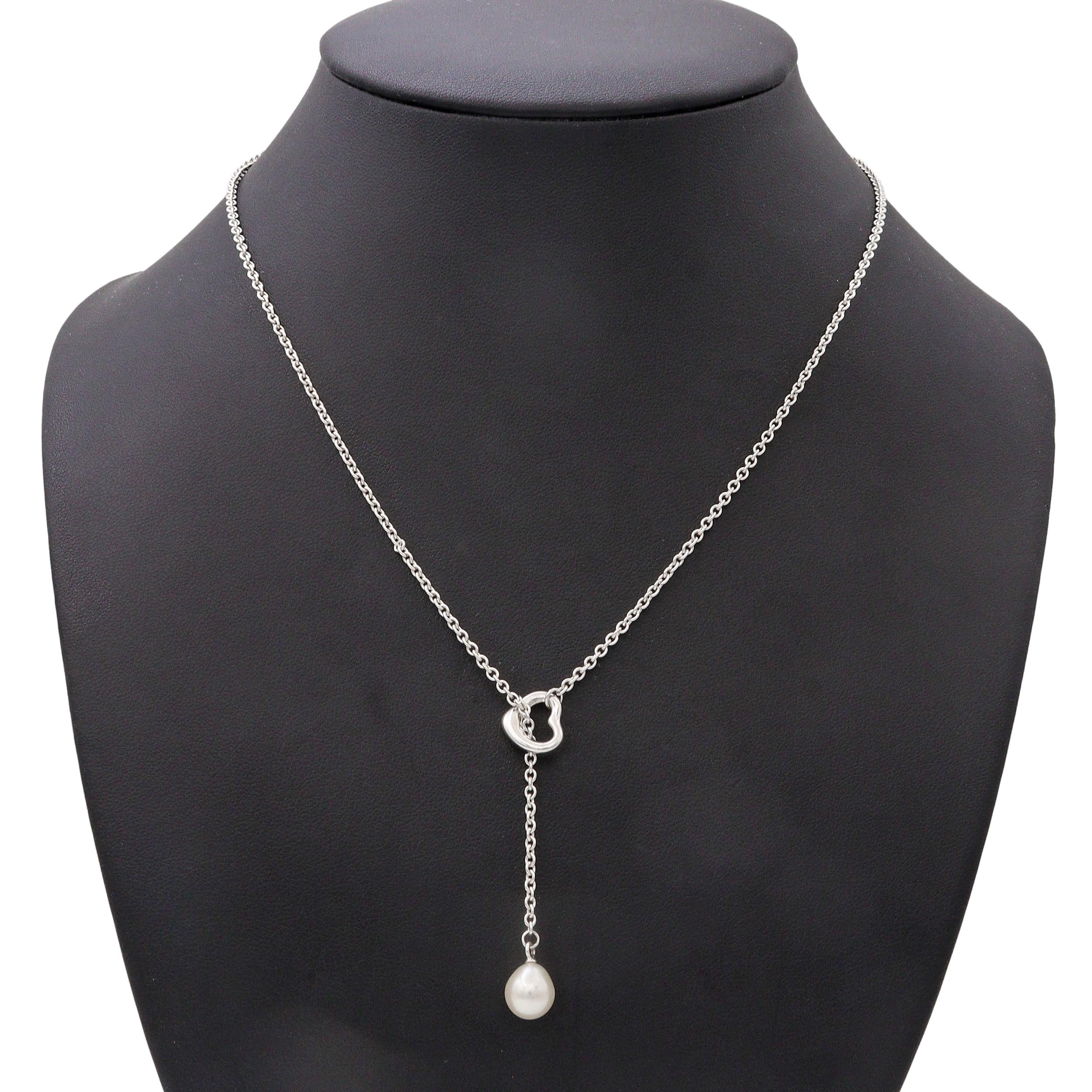 Tiffany & Co. Elsa Peretti Sterling Silver and Pearl Open Heart Lariat Necklace