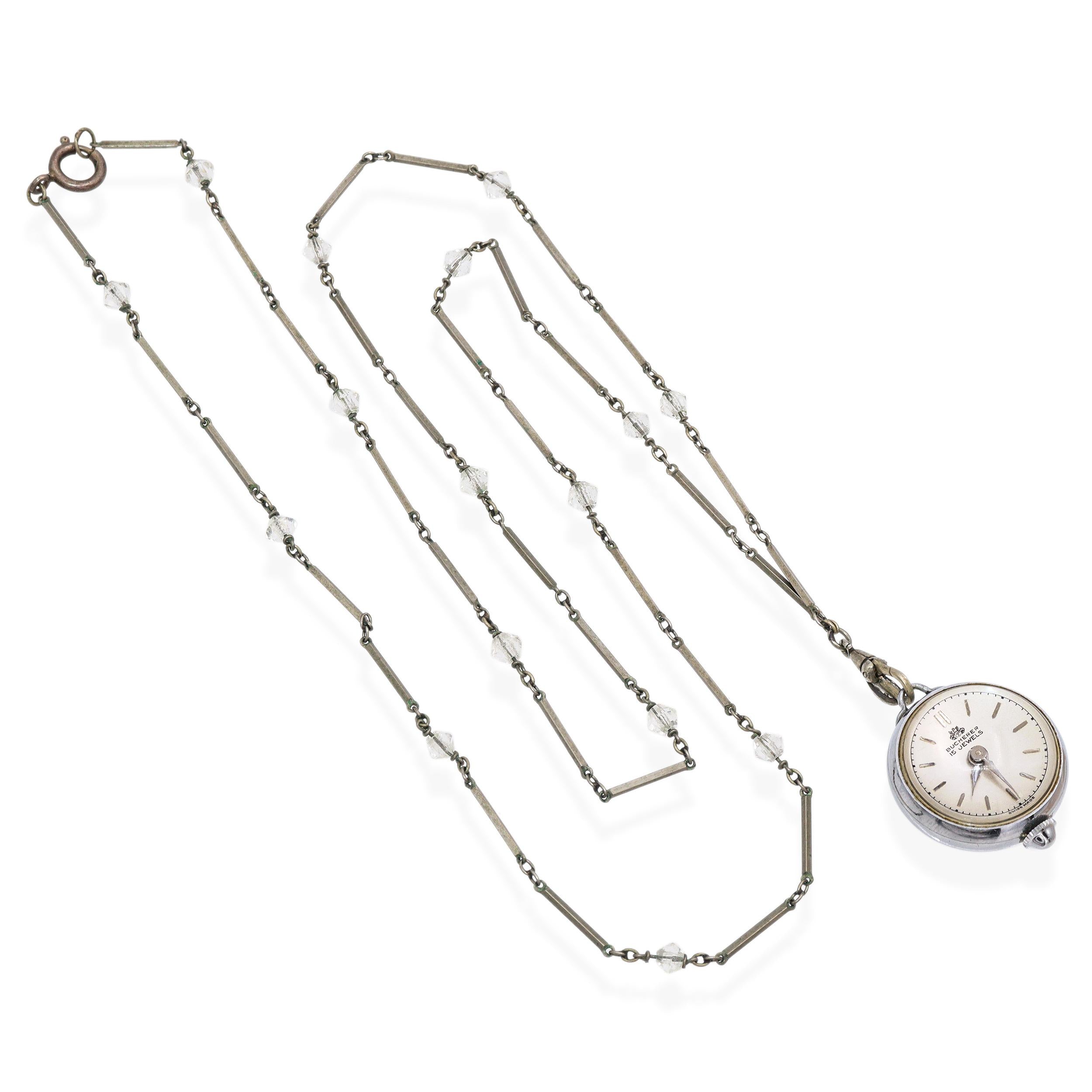 Vintage Bucherer Skeleton Ball Crystal Bead Chain Watch Pendant Necklace
