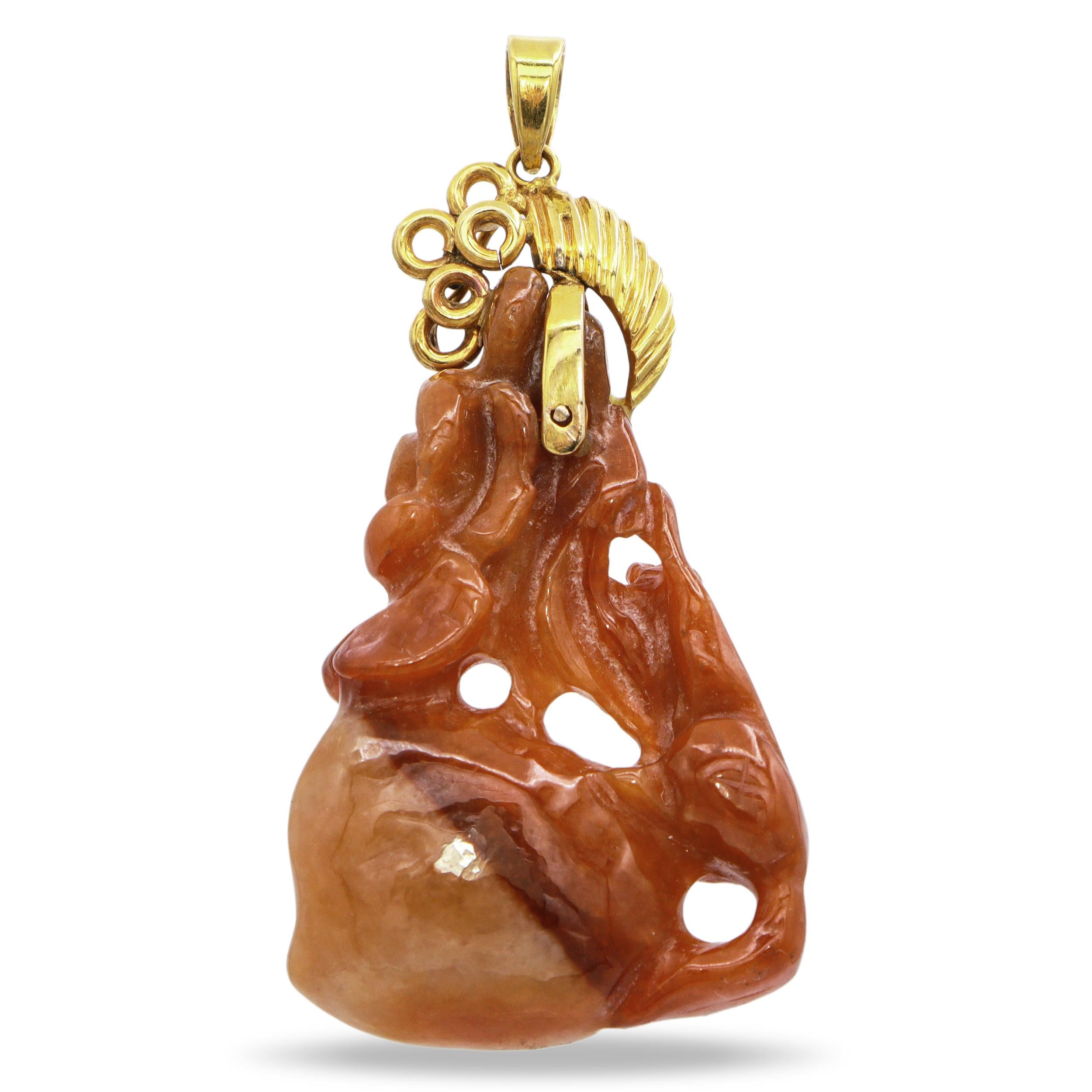 Vintage 14k Yellow Gold Carved Red Jade Pendant