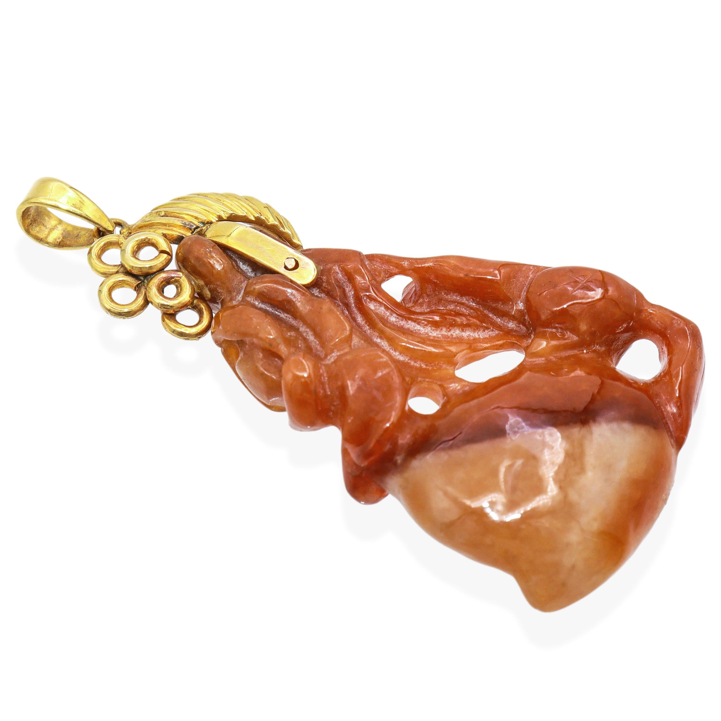 Vintage 14k Yellow Gold Carved Red Jade Pendant