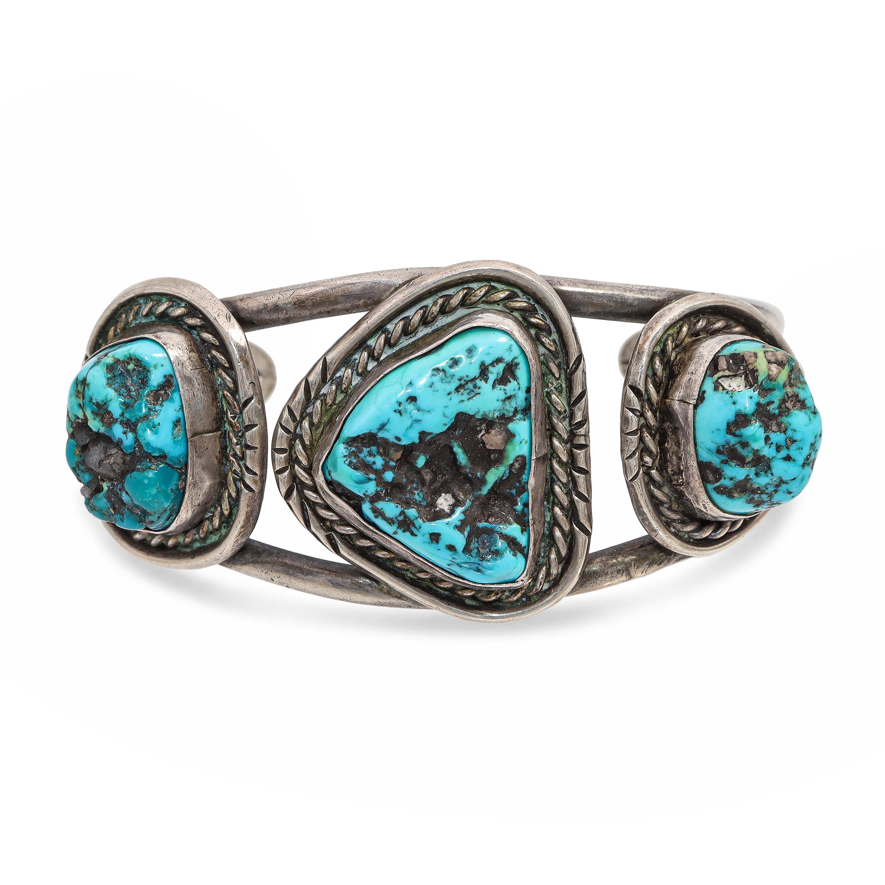 Vintage Sterling Silver Navajo Three Stone Turquoise Cuff Bracelet