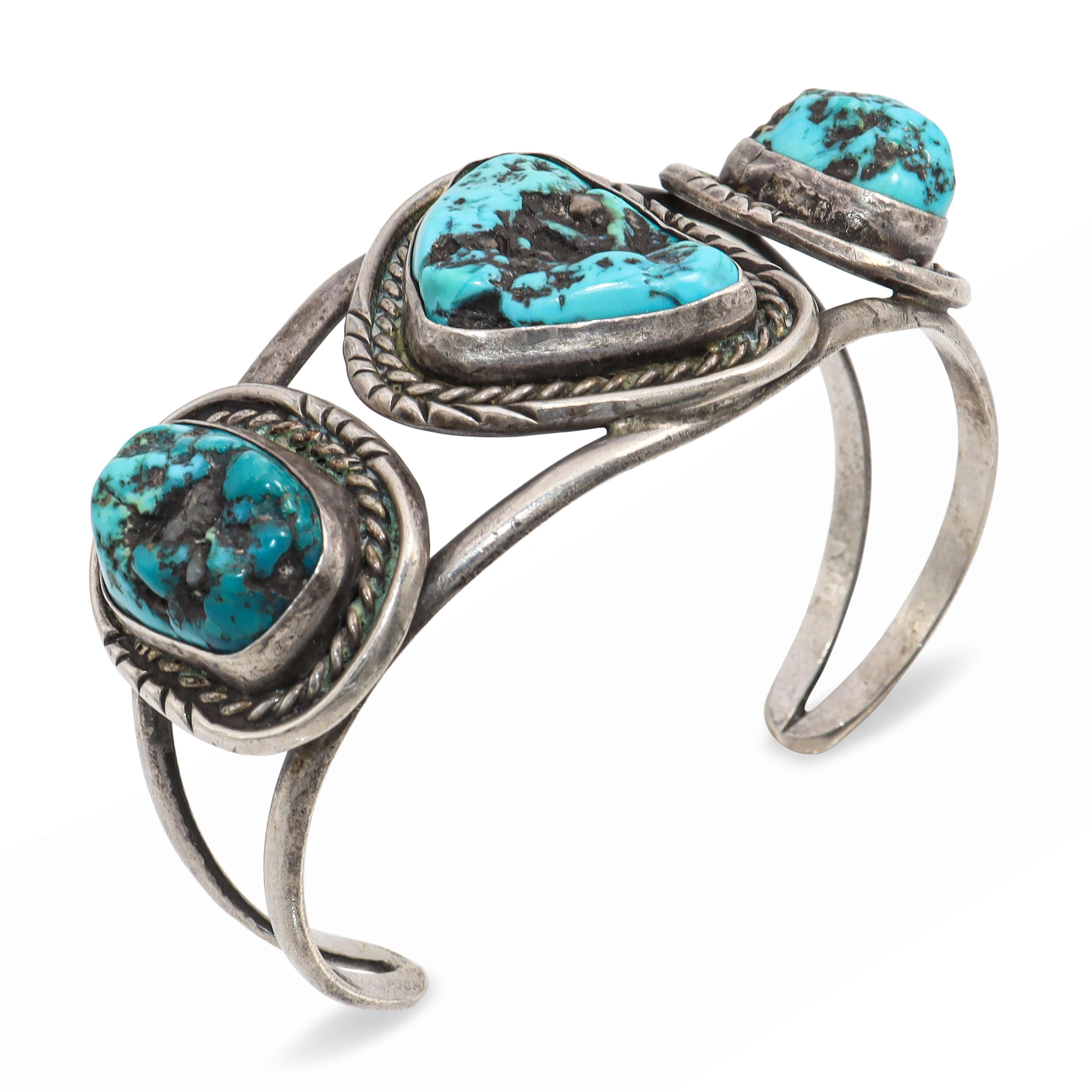 Vintage Sterling Silver Navajo Three Stone Turquoise Cuff Bracelet