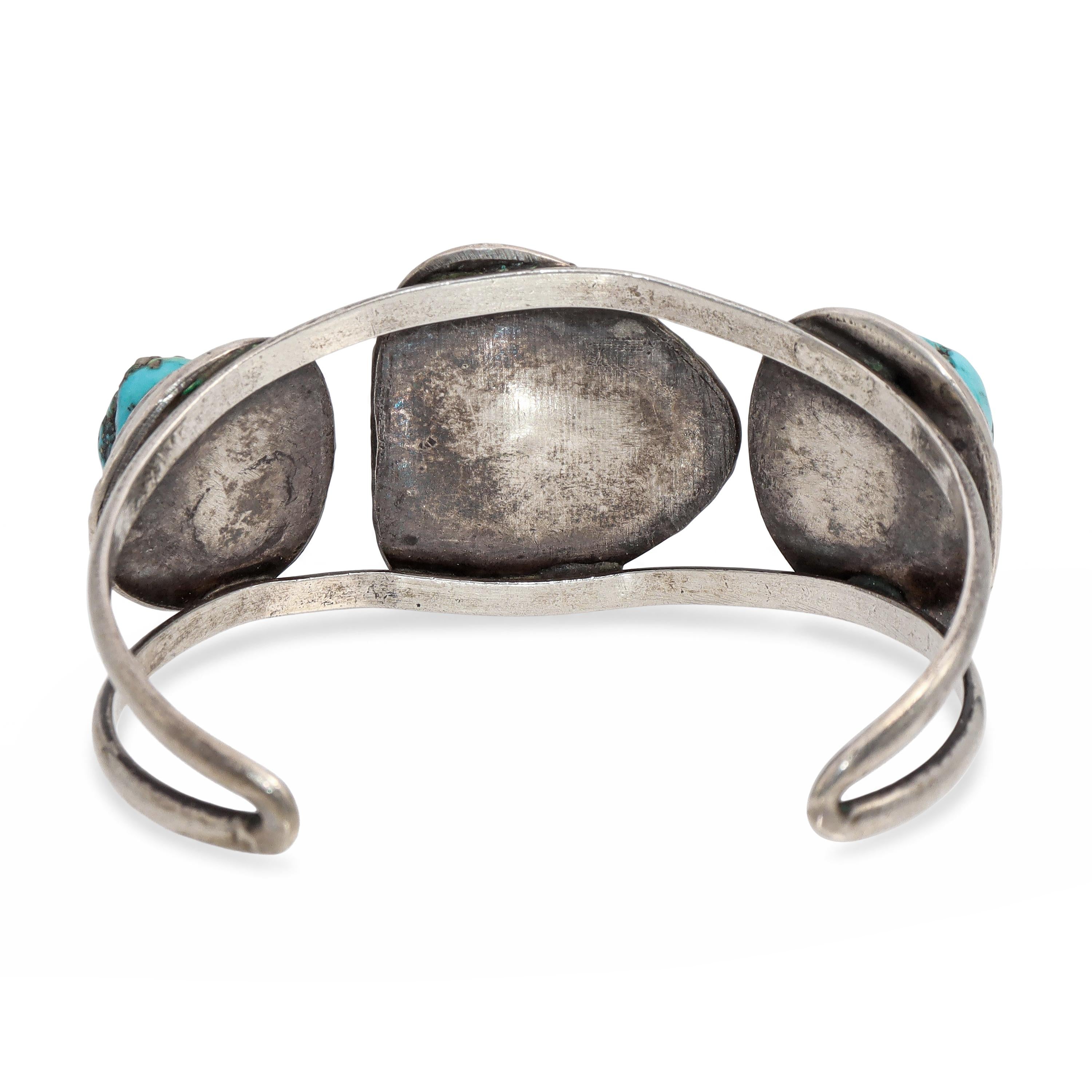 Vintage Sterling Silver Navajo Three Stone Turquoise Cuff Bracelet
