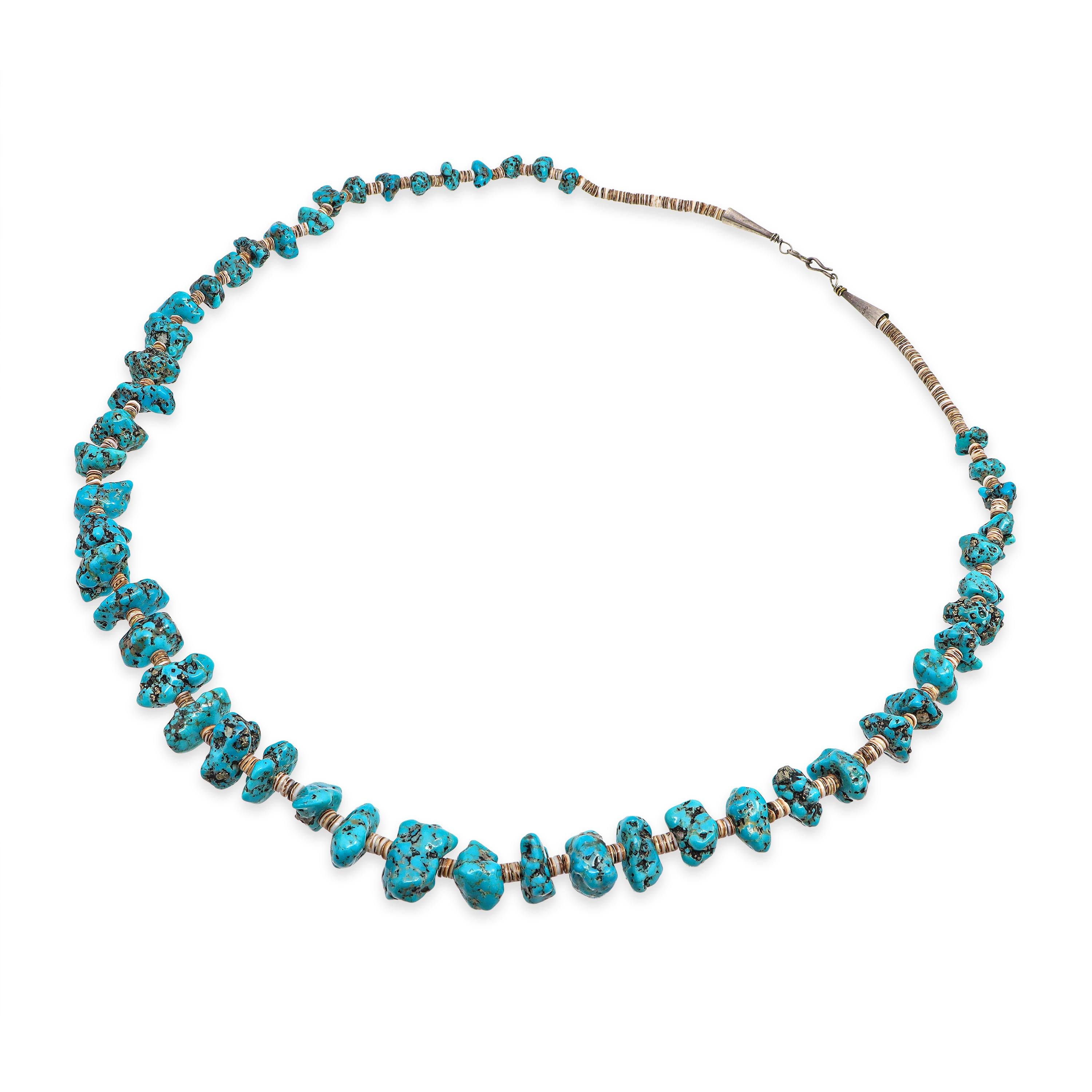 Vintage Sterling Silver Turquoise & Shell Heishi Beaded Strand Necklace
