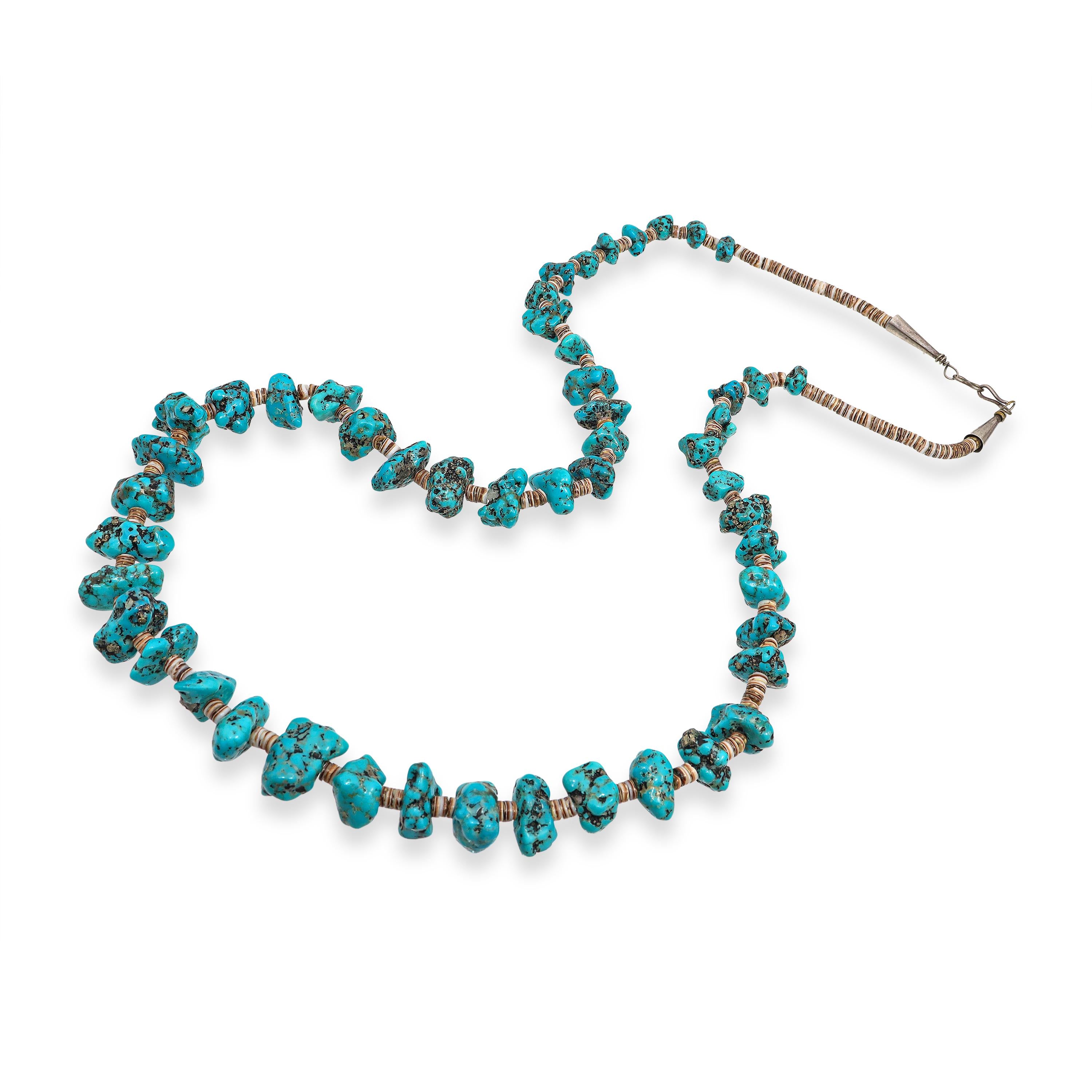 Vintage Sterling Silver Turquoise & Shell Heishi Beaded Strand Necklace