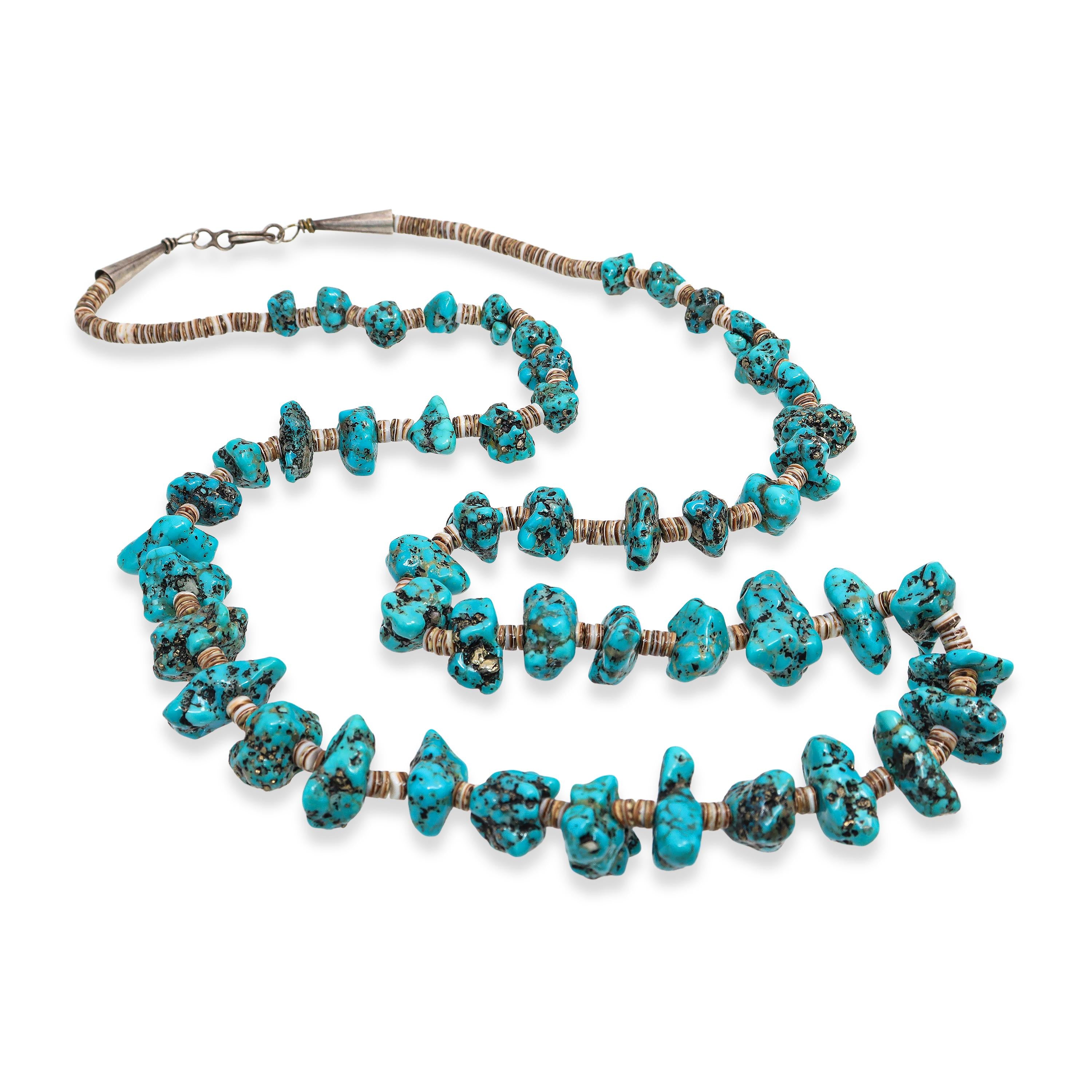 Vintage Sterling Silver Turquoise & Shell Heishi Beaded Strand Necklace