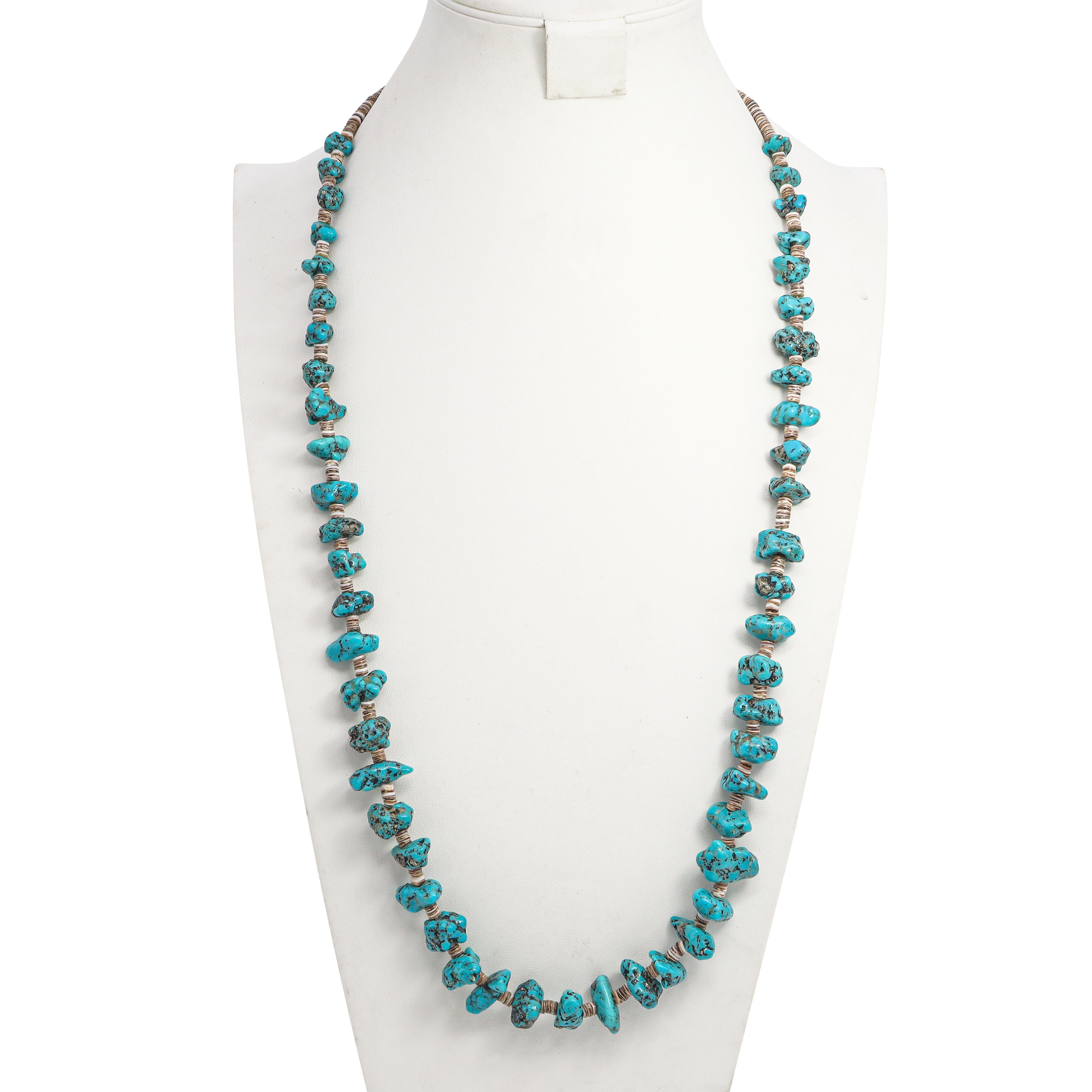 Vintage Sterling Silver Turquoise & Shell Heishi Beaded Strand Necklace