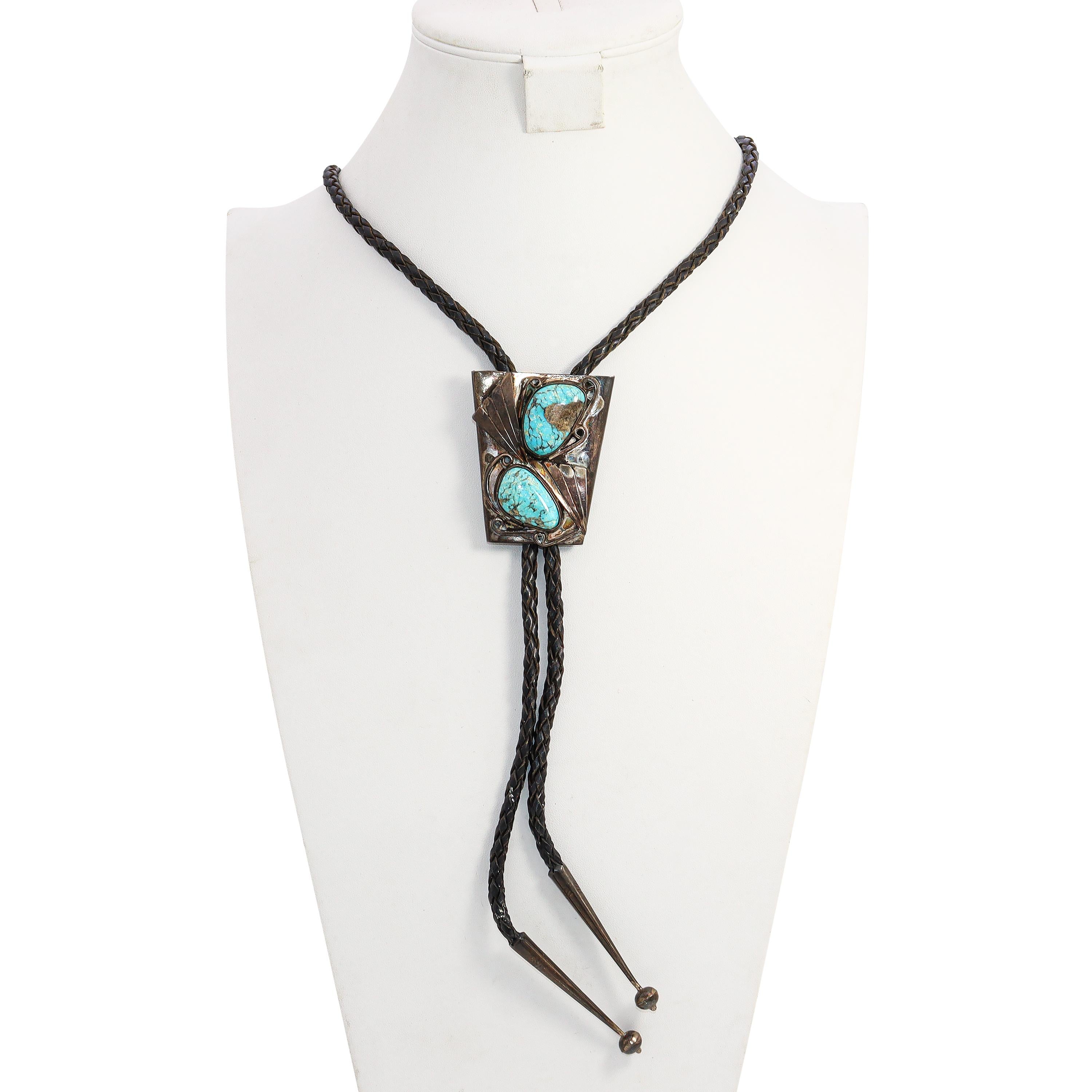 Vintage Southwestern Sterling Silver Turquoise Bolo Tie