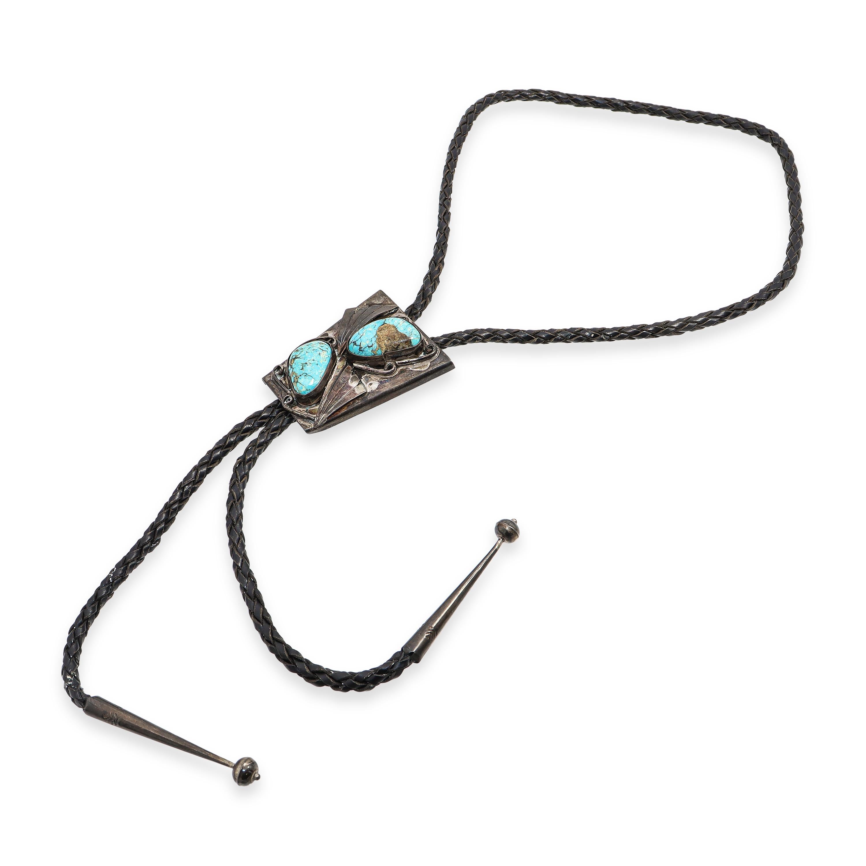 Vintage Southwestern Sterling Silver Turquoise Bolo Tie