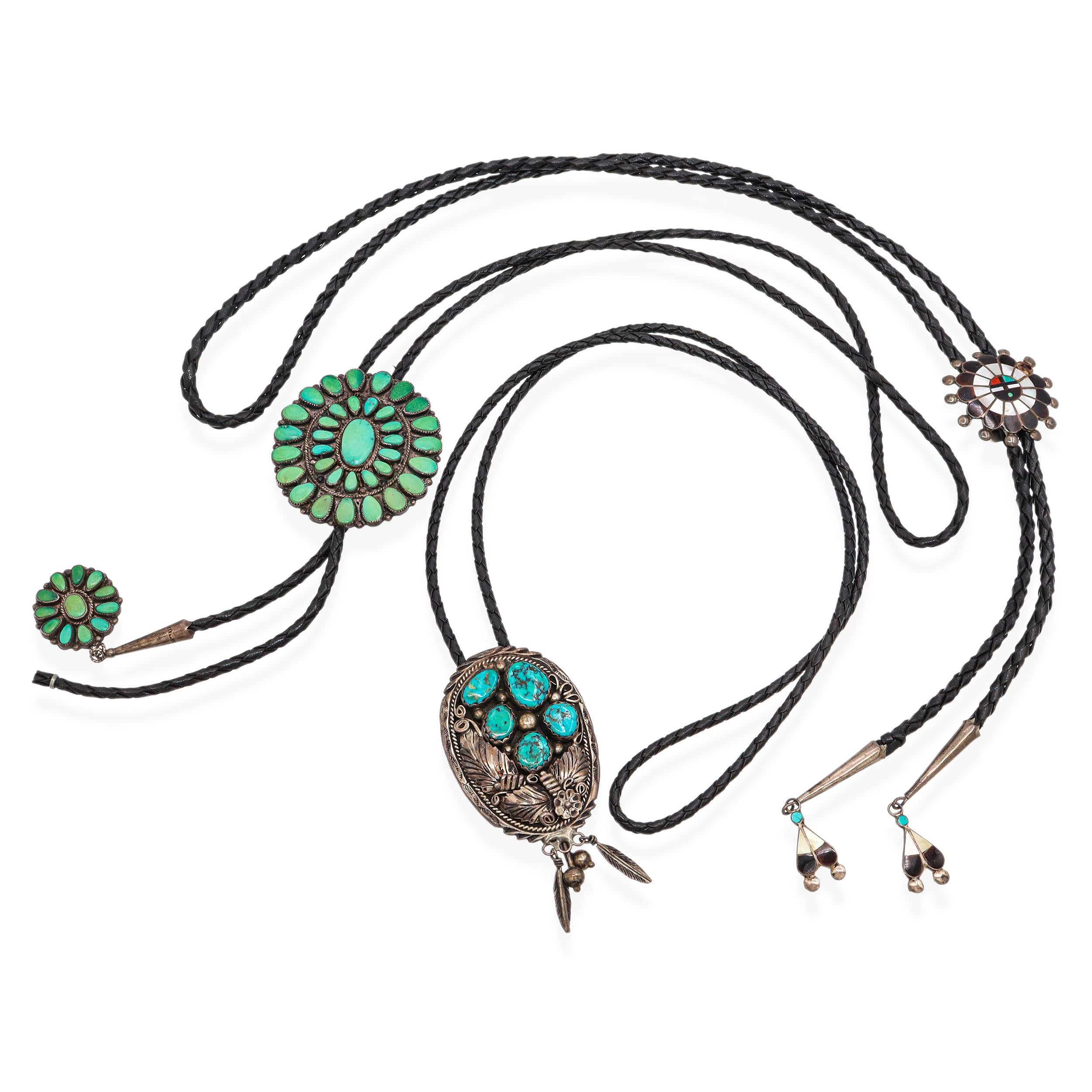 Lot of 3 Vintage Southwest Sterling Silver Turquoise & Zuni Inlay Bolo Ties