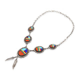 Vintage Navajo Jon McCray Sterling Silver Multi-Stone Inlay Feather Necklace