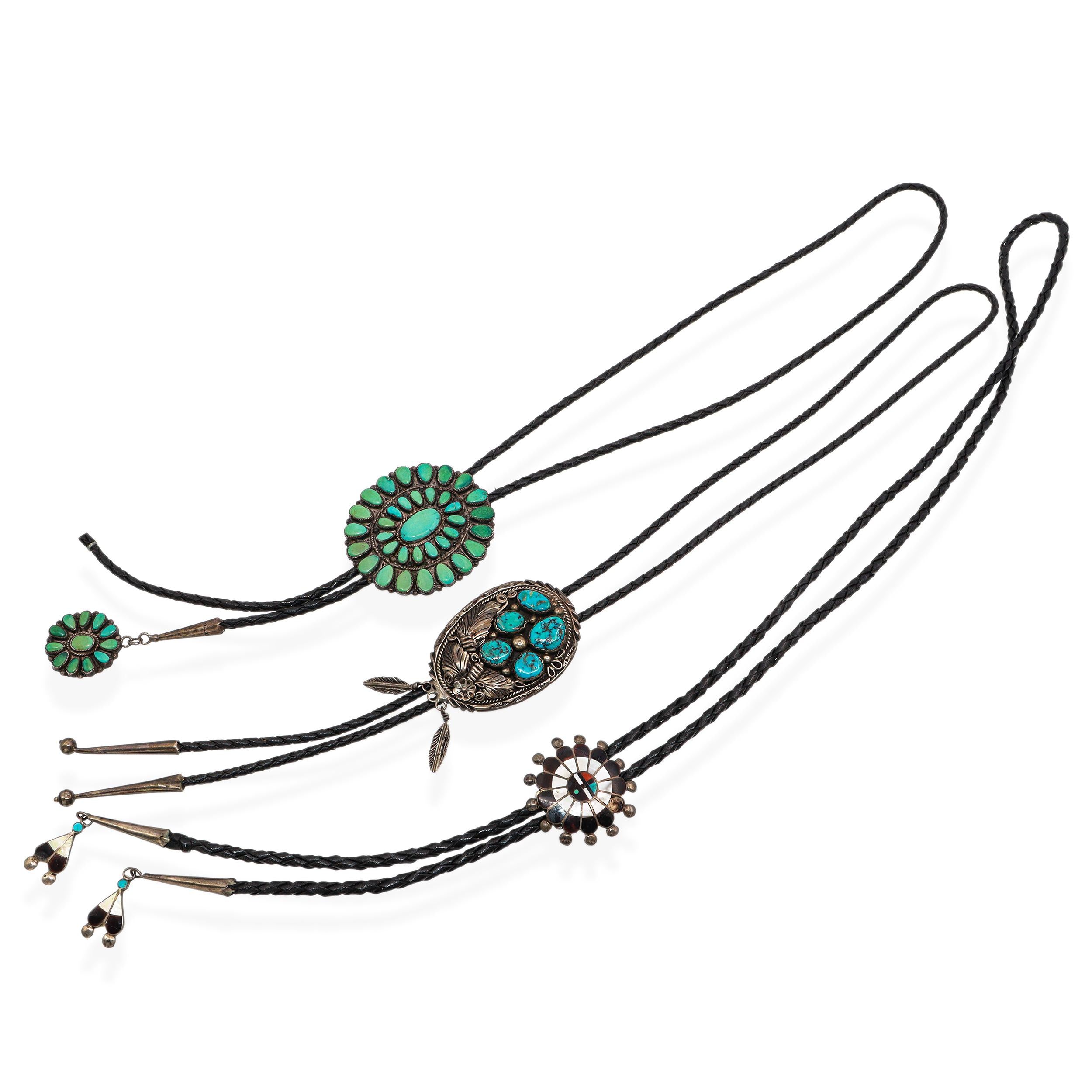 Lot of 3 Vintage Southwest Sterling Silver Turquoise & Zuni Inlay Bolo Ties