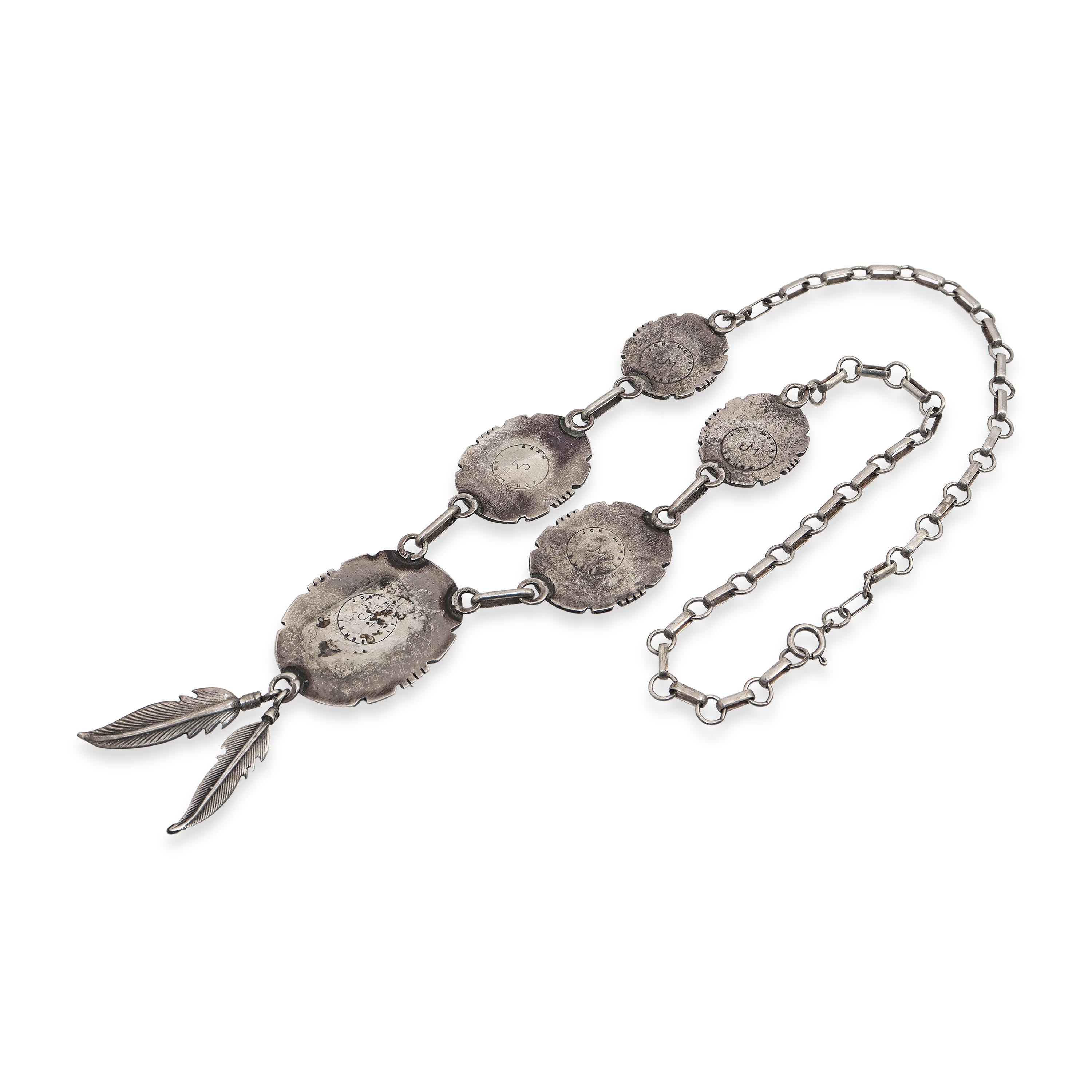 Vintage Navajo Jon McCray Sterling Silver Multi-Stone Inlay Feather Necklace