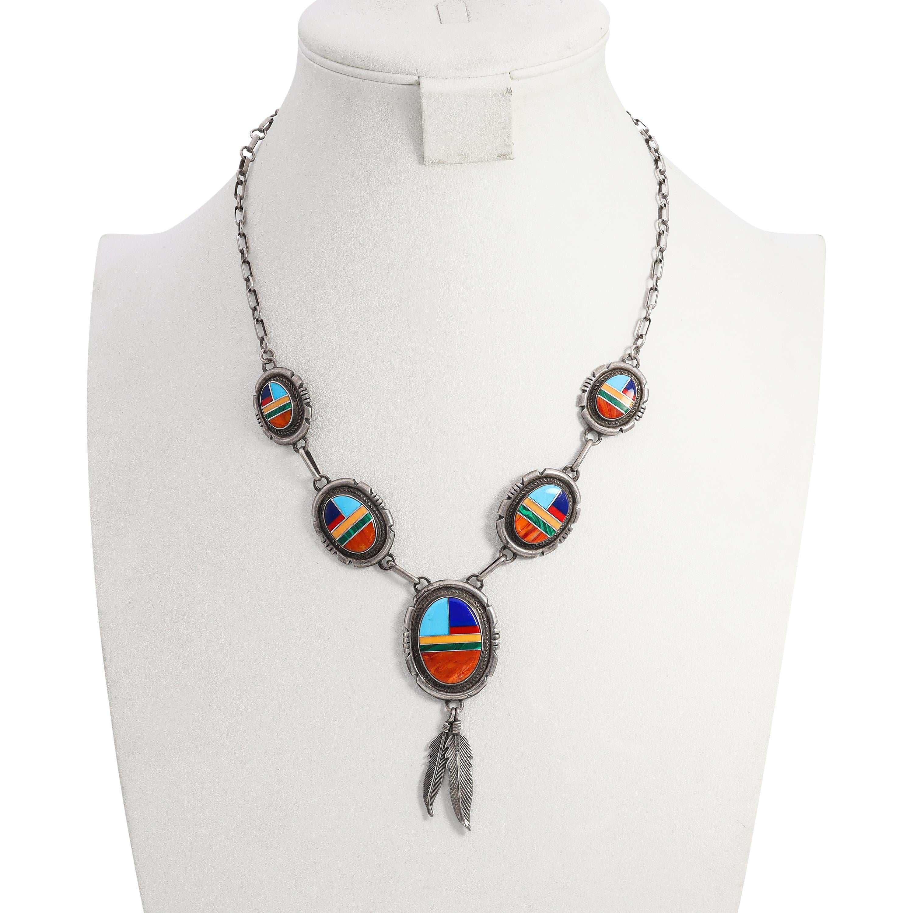 Vintage Navajo Jon McCray Sterling Silver Multi-Stone Inlay Feather Necklace