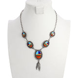 Vintage Navajo Jon McCray Sterling Silver Multi-Stone Inlay Feather Necklace