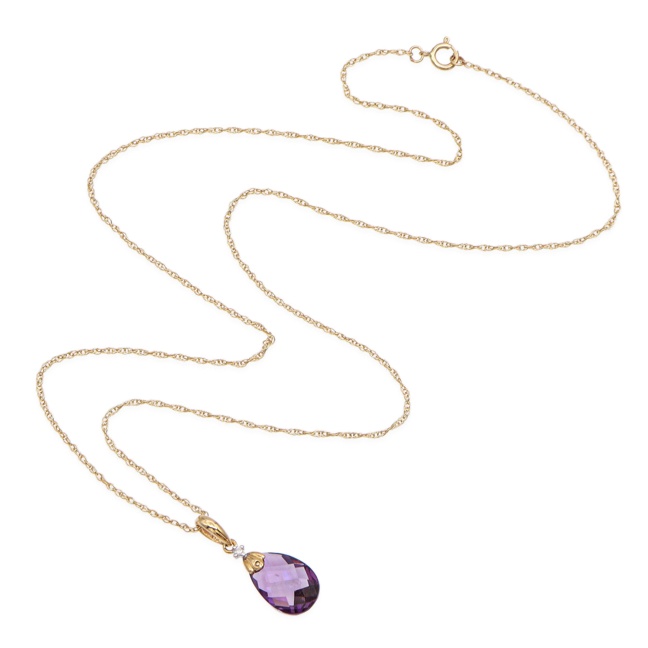 Vintage 14K Yellow Gold Amethyst & Diamond Teardrop Pendant Necklace