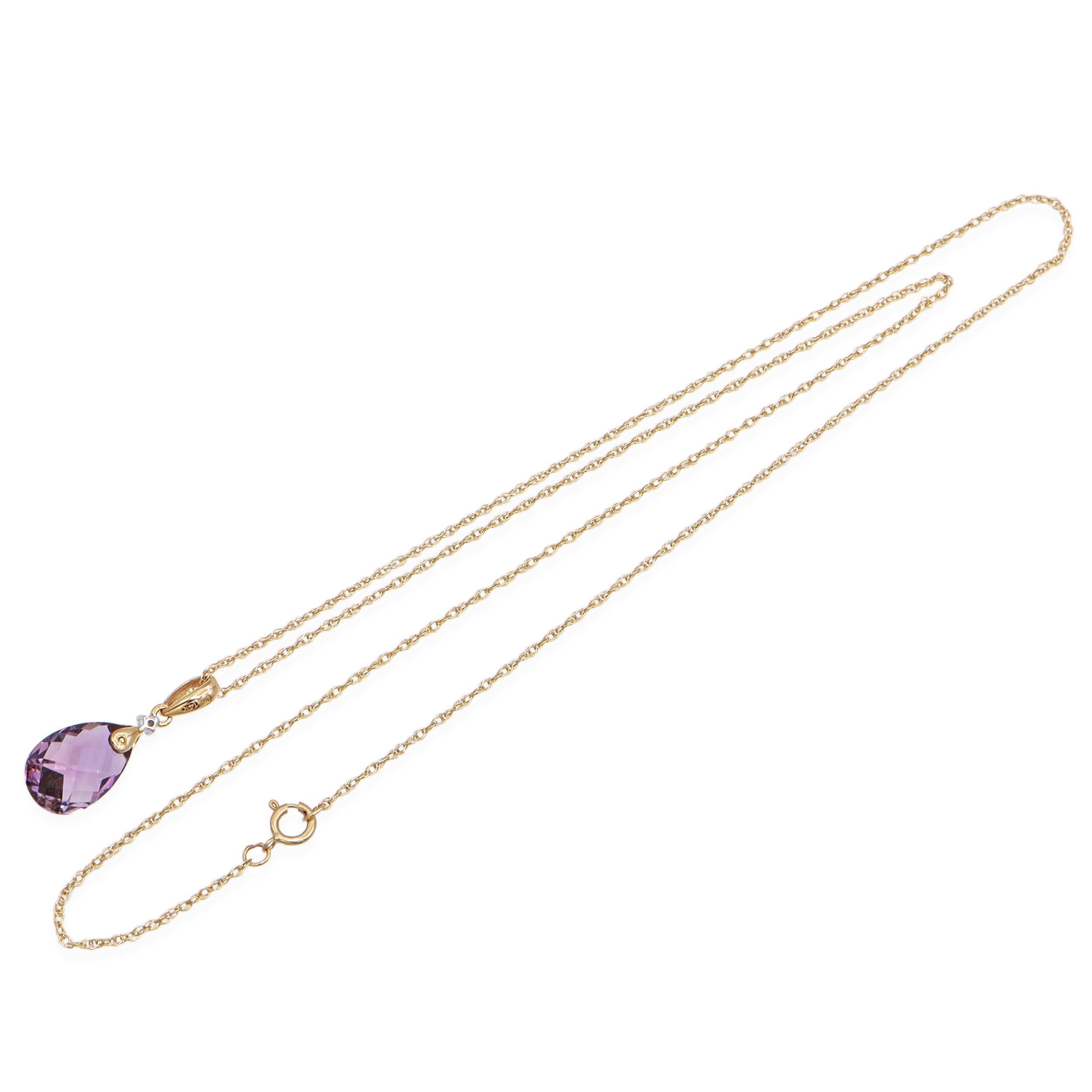 Vintage 14K Yellow Gold Amethyst & Diamond Teardrop Pendant Necklace