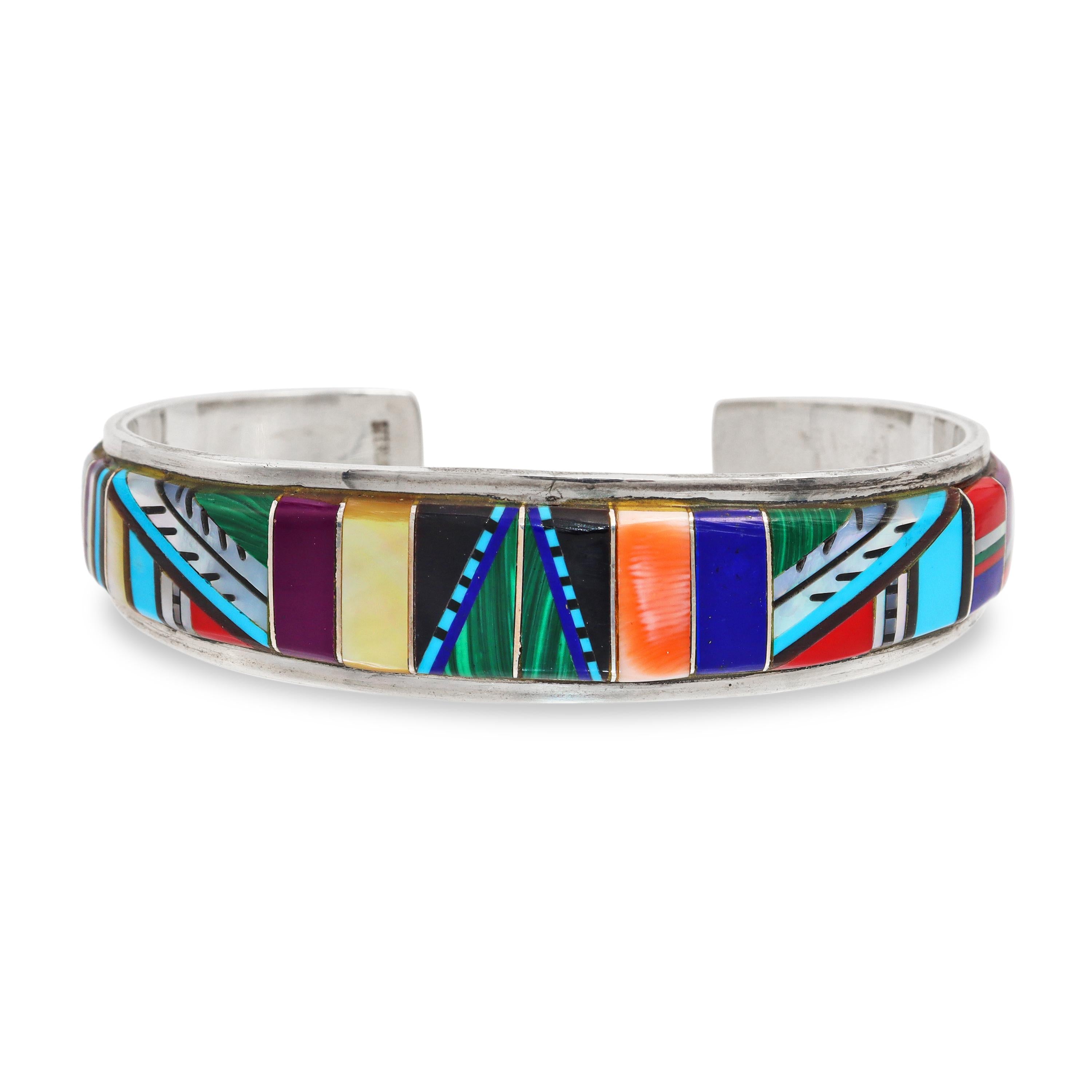 Southwestern Sterling Silver Multi-Stone Mosaic Inlay Cuff Bracelet