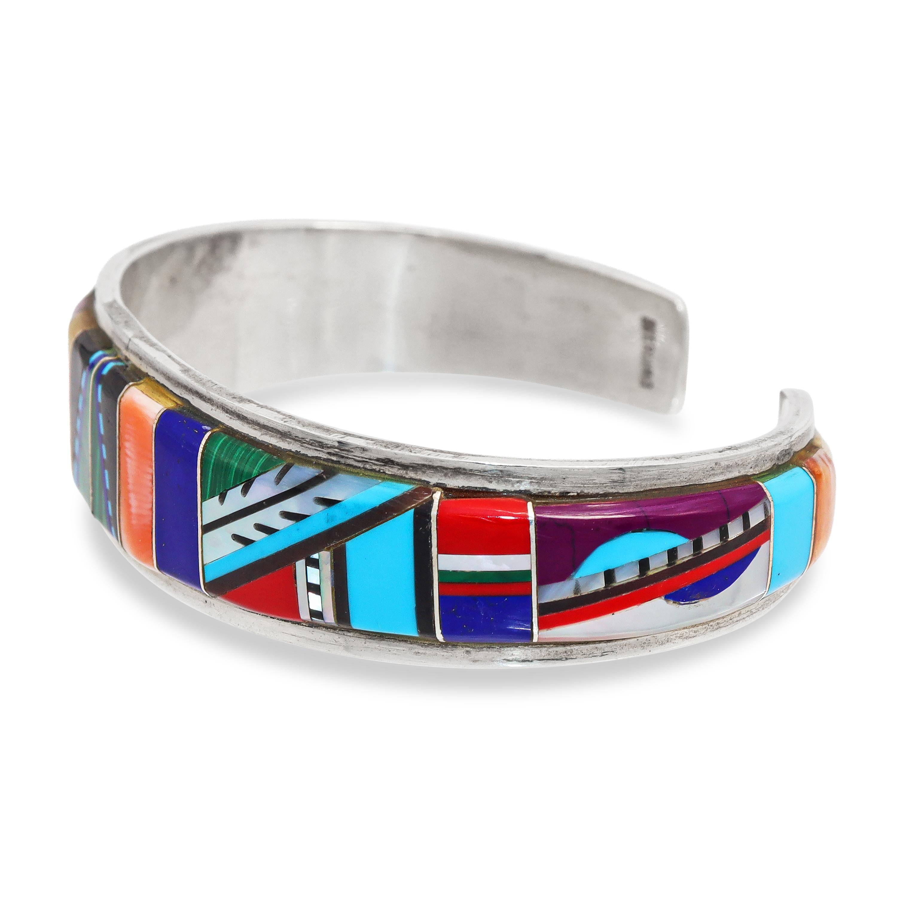 Southwestern Sterling Silver Multi-Stone Mosaic Inlay Cuff Bracelet