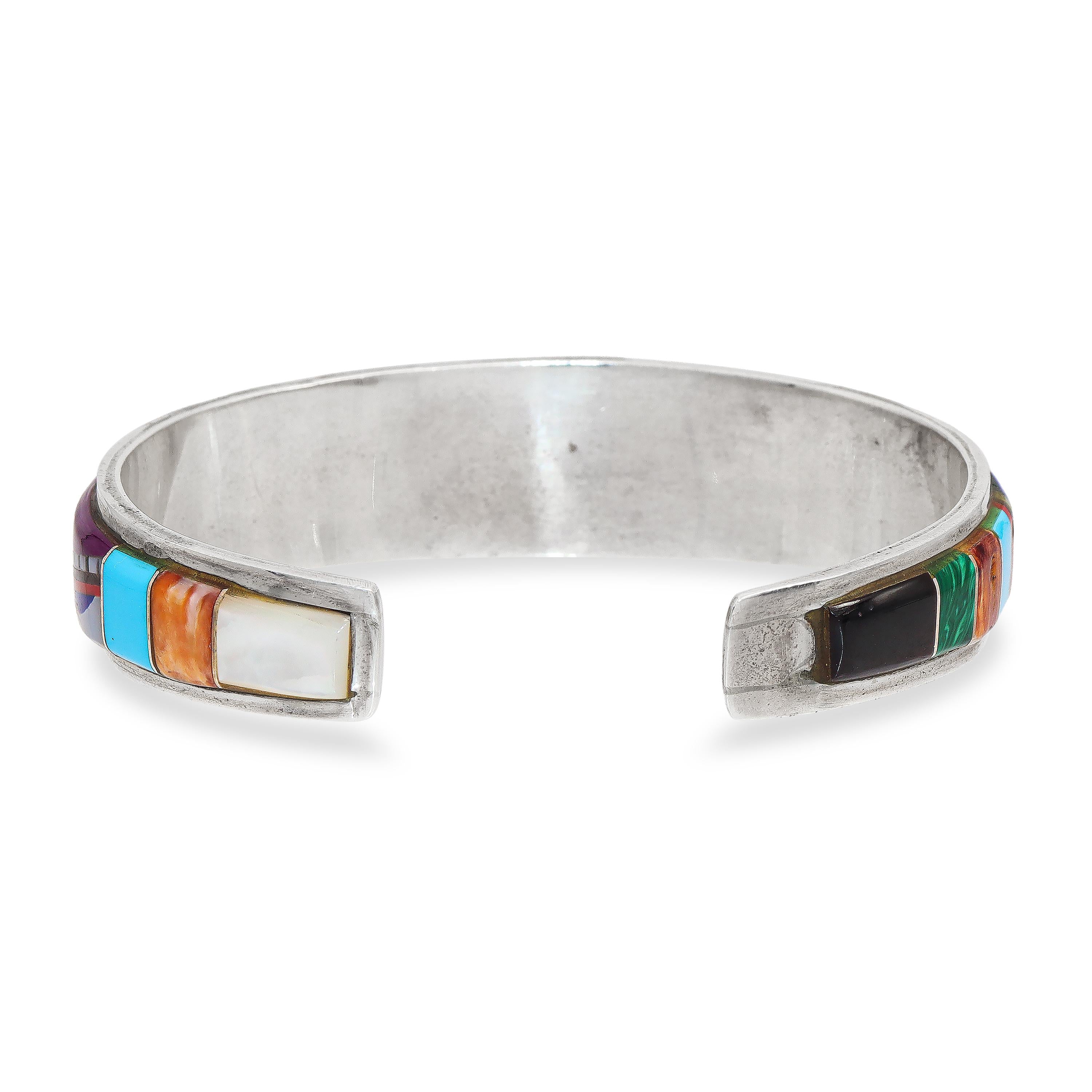 Southwestern Sterling Silver Multi-Stone Mosaic Inlay Cuff Bracelet